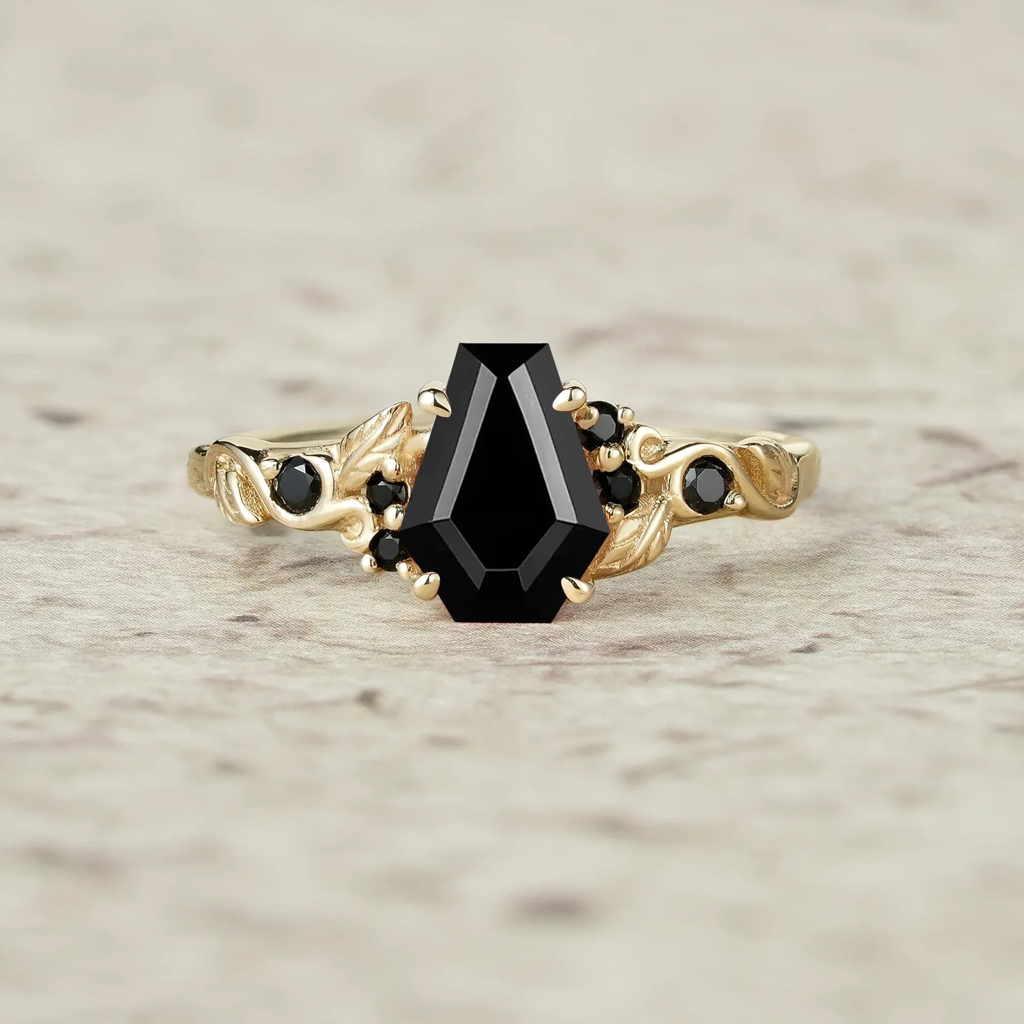 Nature's Embrace: Coffin Cut Black Onyx Leaf Ring - Lila - GemsMagic