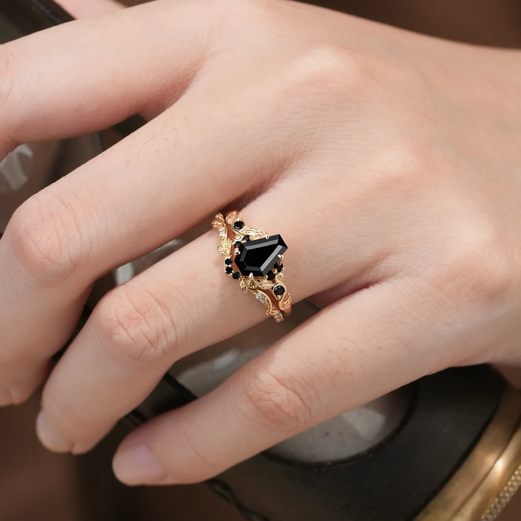 Nature's Embrace: Coffin Cut Black Onyx Leaf Ring Set - Penelope - GemsMagic