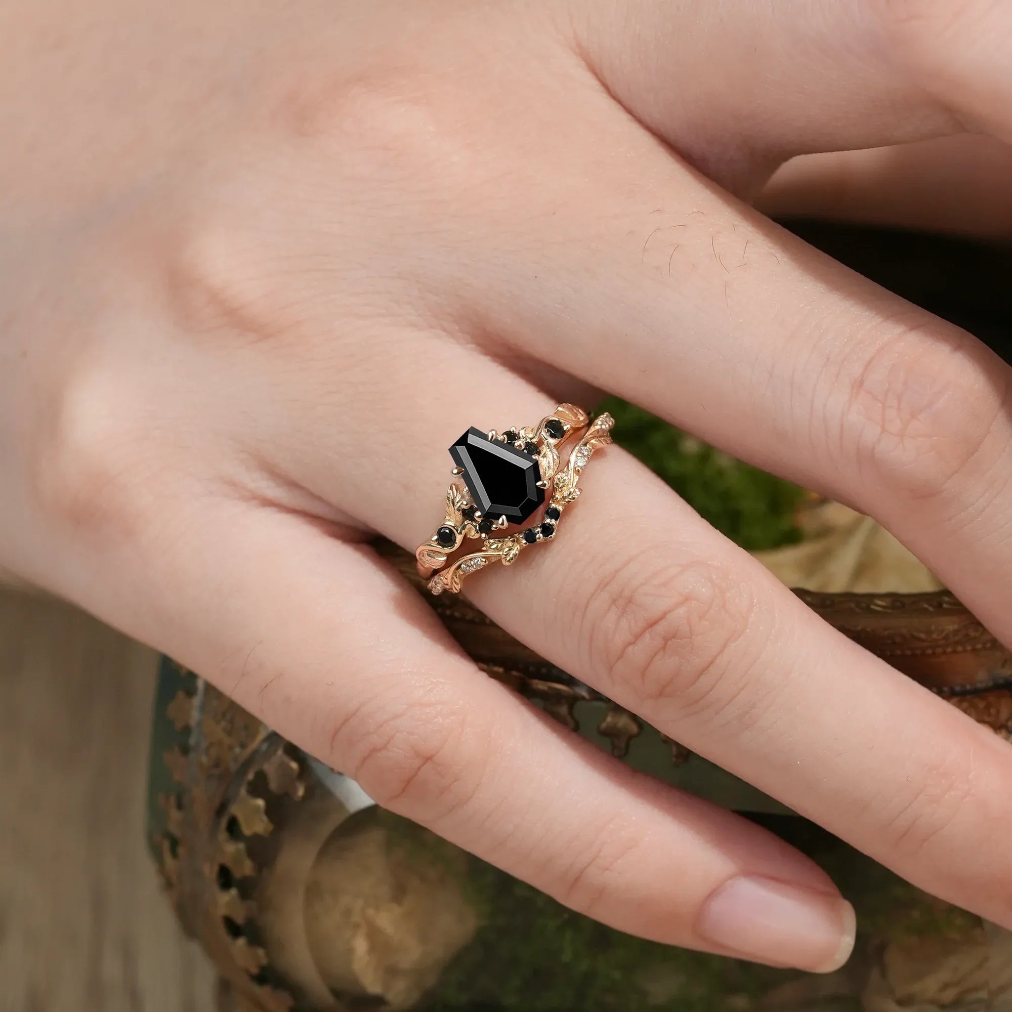 Nature's Embrace: Coffin Cut Black Onyx Leaf Ring Set - Penelope - GemsMagic