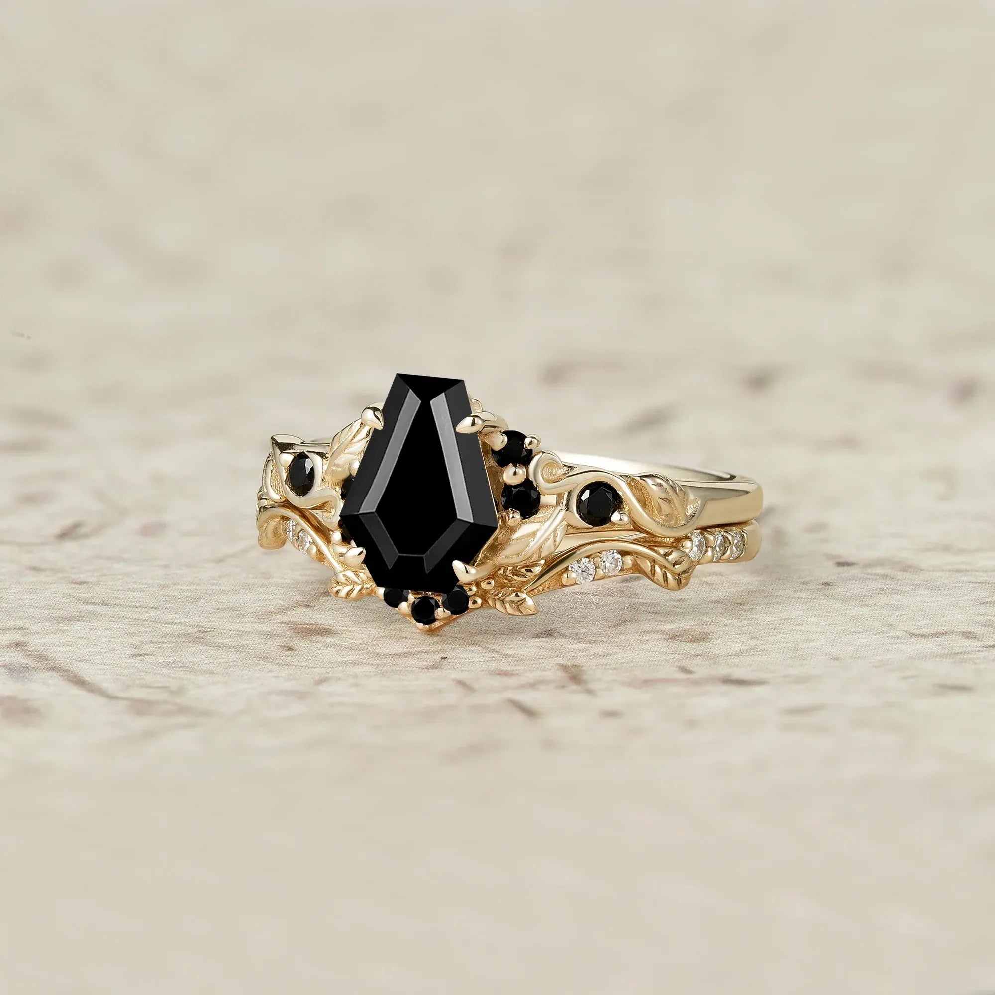 Nature's Embrace: Coffin Cut Black Onyx Leaf Ring Set - Penelope - GemsMagic