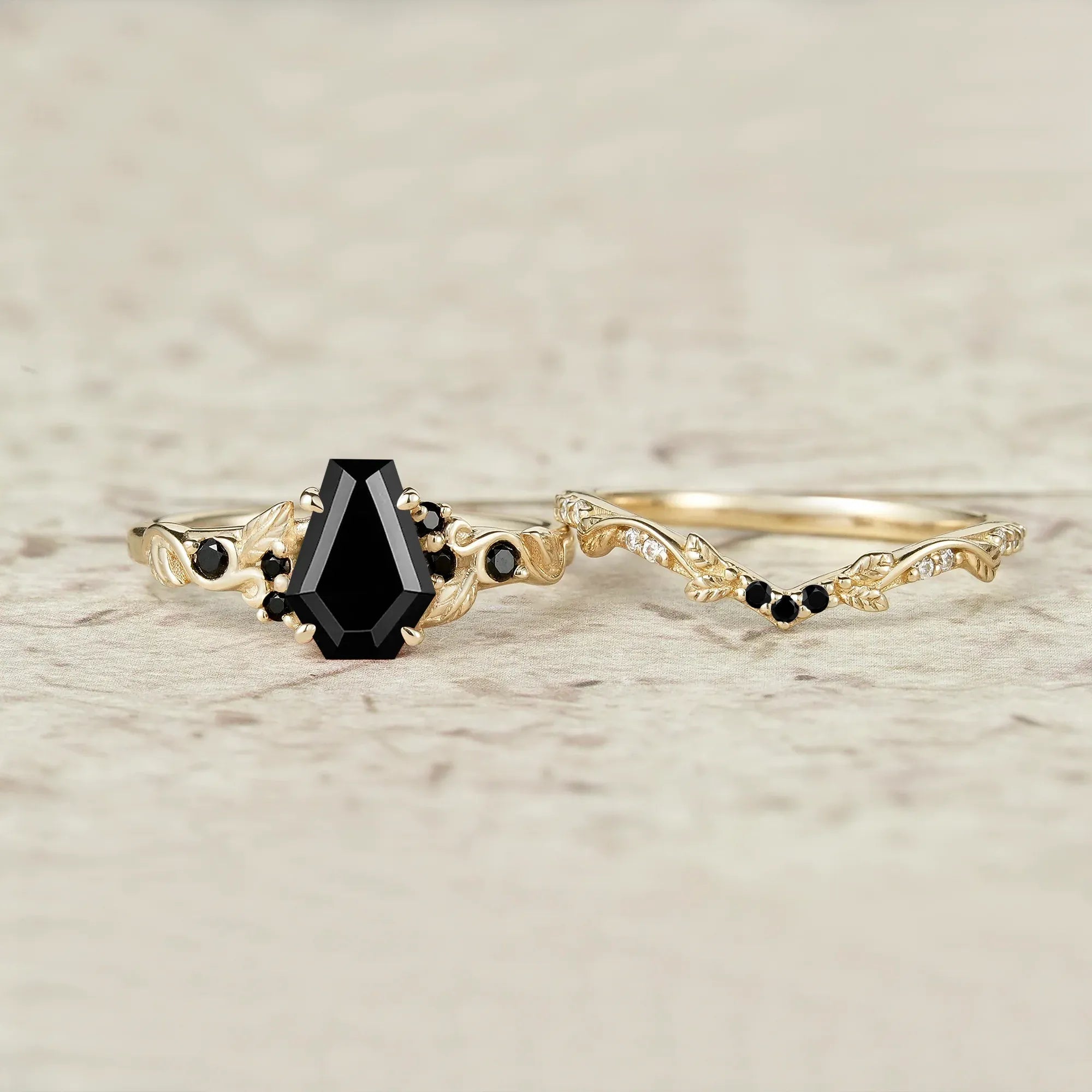 Nature's Embrace: Coffin Cut Black Onyx Leaf Ring Set - Penelope - GemsMagic