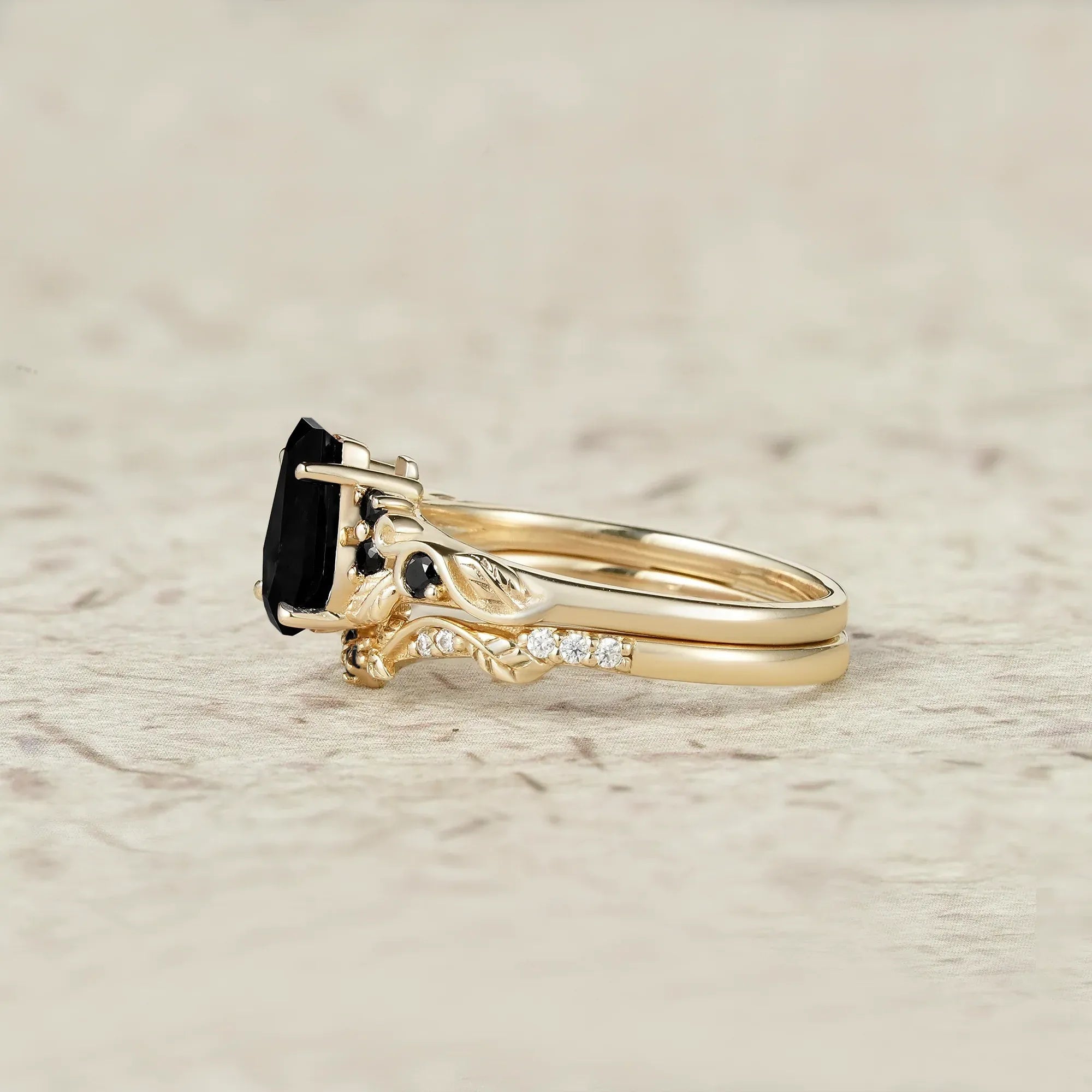 Nature's Embrace: Coffin Cut Black Onyx Leaf Ring Set - Penelope - GemsMagic