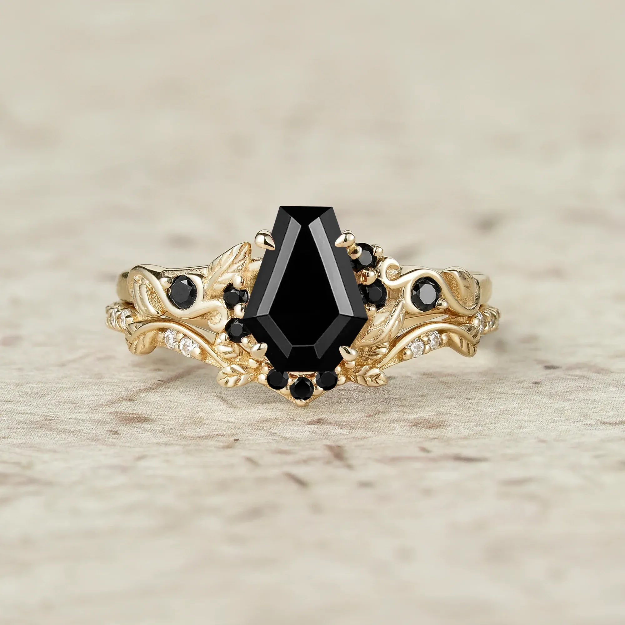 Nature's Embrace: Coffin Cut Black Onyx Leaf Ring Set - Penelope - GemsMagic
