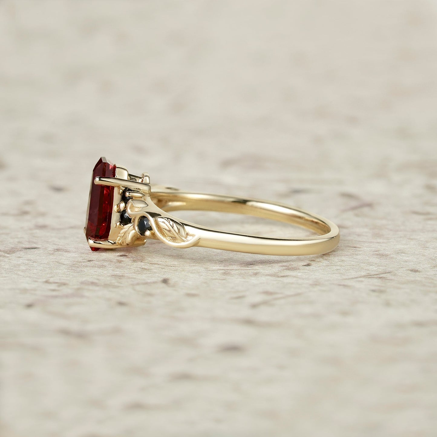 Nature's Embrace: Coffin Cut Ruby Leaf Ring - Lila - GemsMagic