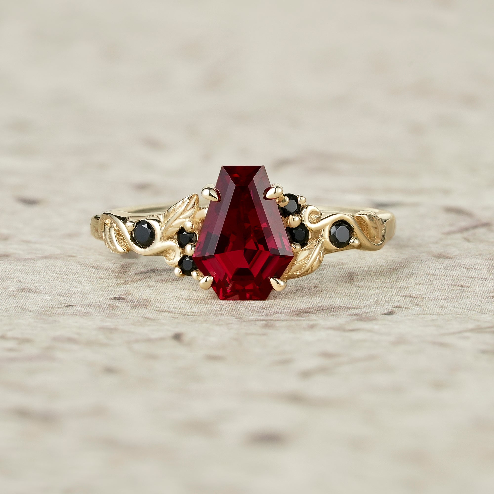 Nature's Embrace: Coffin Cut Ruby Leaf Ring - Lila - GemsMagic