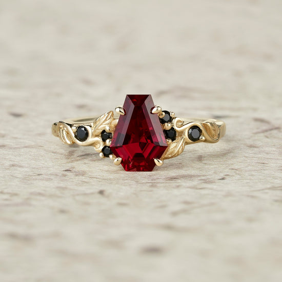 Nature's Embrace: Coffin Cut Ruby Leaf Ring - Lila - GemsMagic