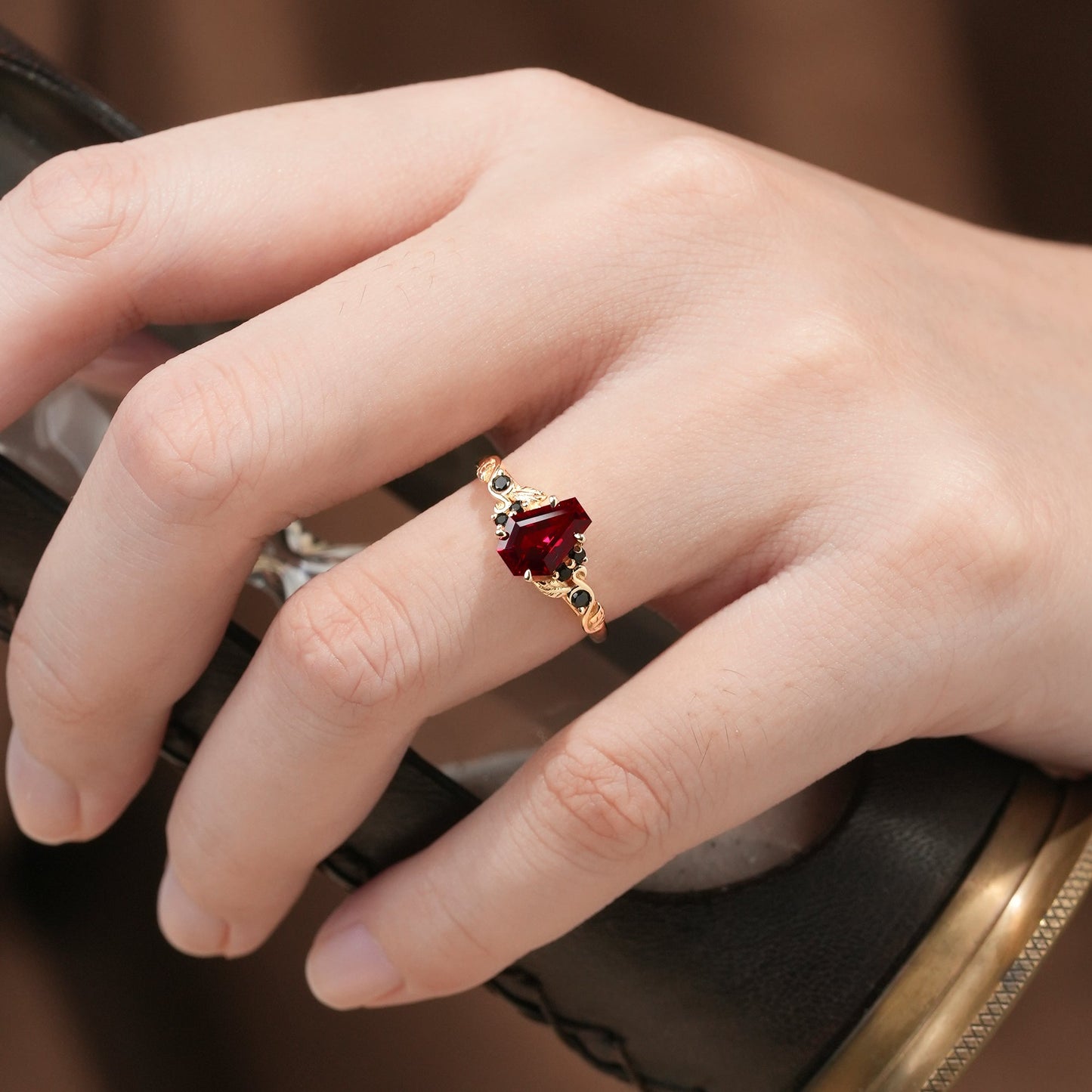 Nature's Embrace: Coffin Cut Ruby Leaf Ring - Lila - GemsMagic