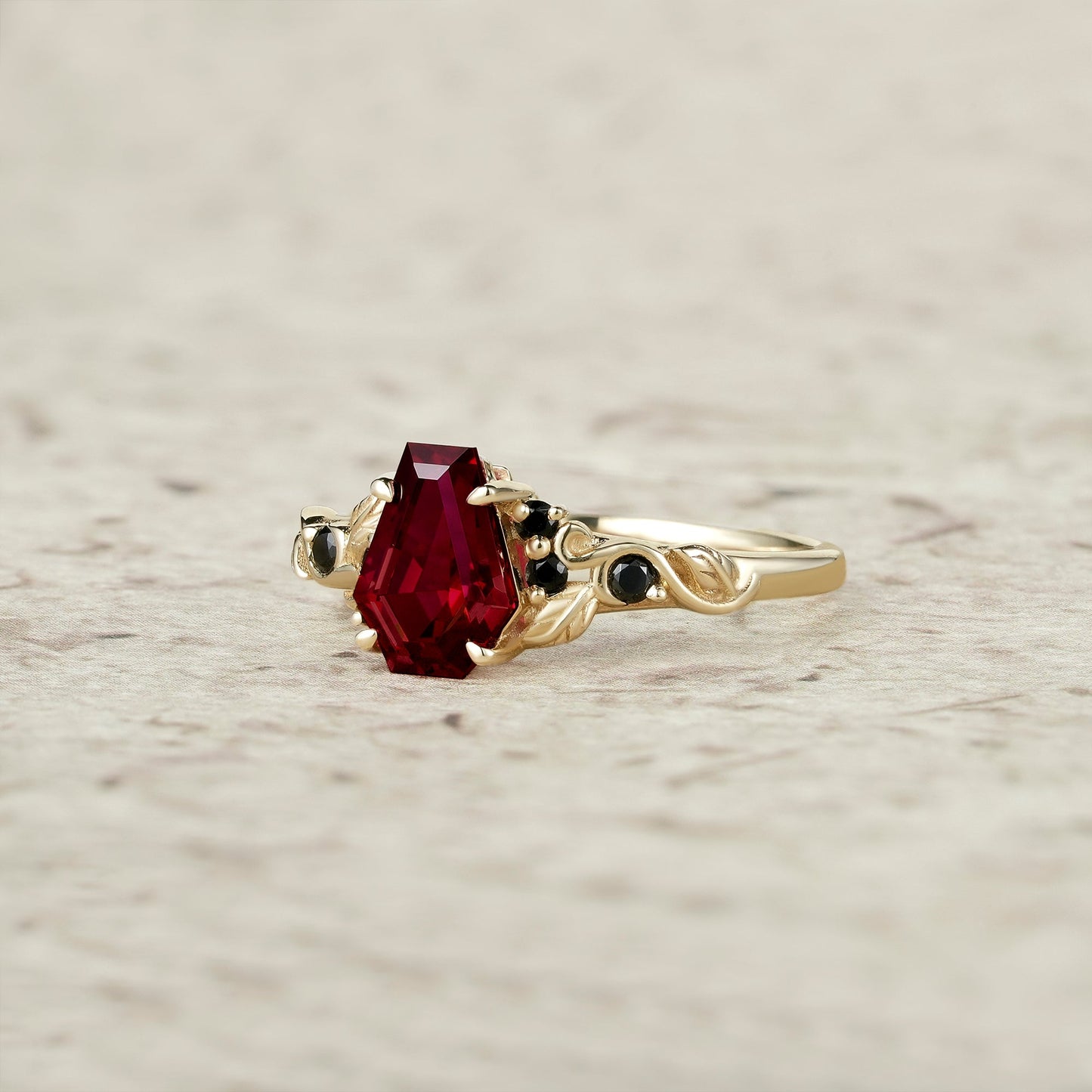 Nature's Embrace: Coffin Cut Ruby Leaf Ring - Lila - GemsMagic
