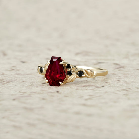 Nature's Embrace: Coffin Cut Ruby Leaf Ring - Lila - GemsMagic