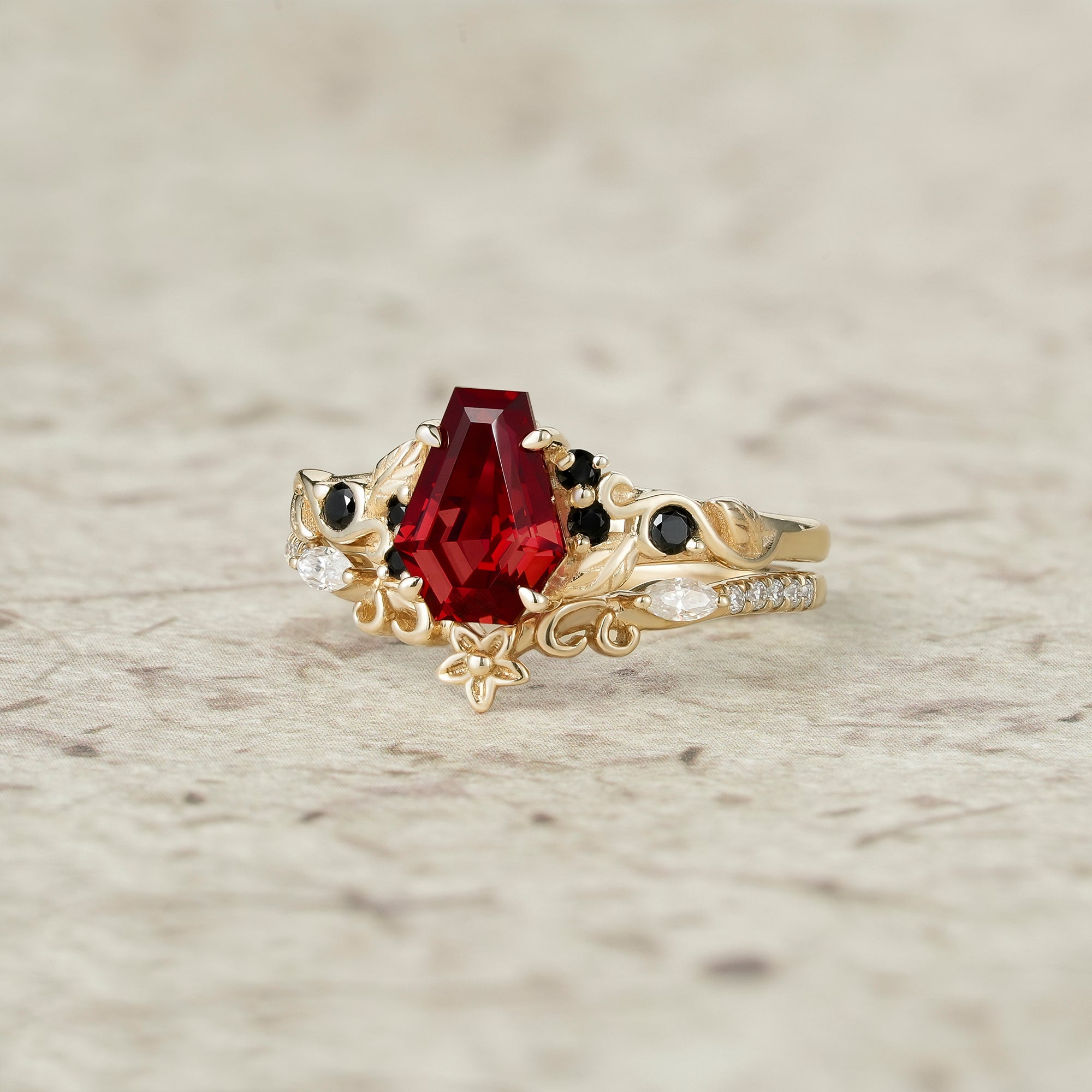 Nature's Embrace: Coffin Cut Ruby Leaf Ring Set - Lila - GemsMagic