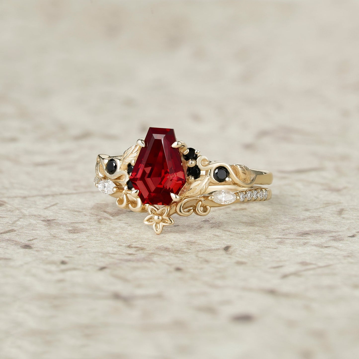 Nature's Embrace: Coffin Cut Ruby Leaf Ring Set - Lila - GemsMagic