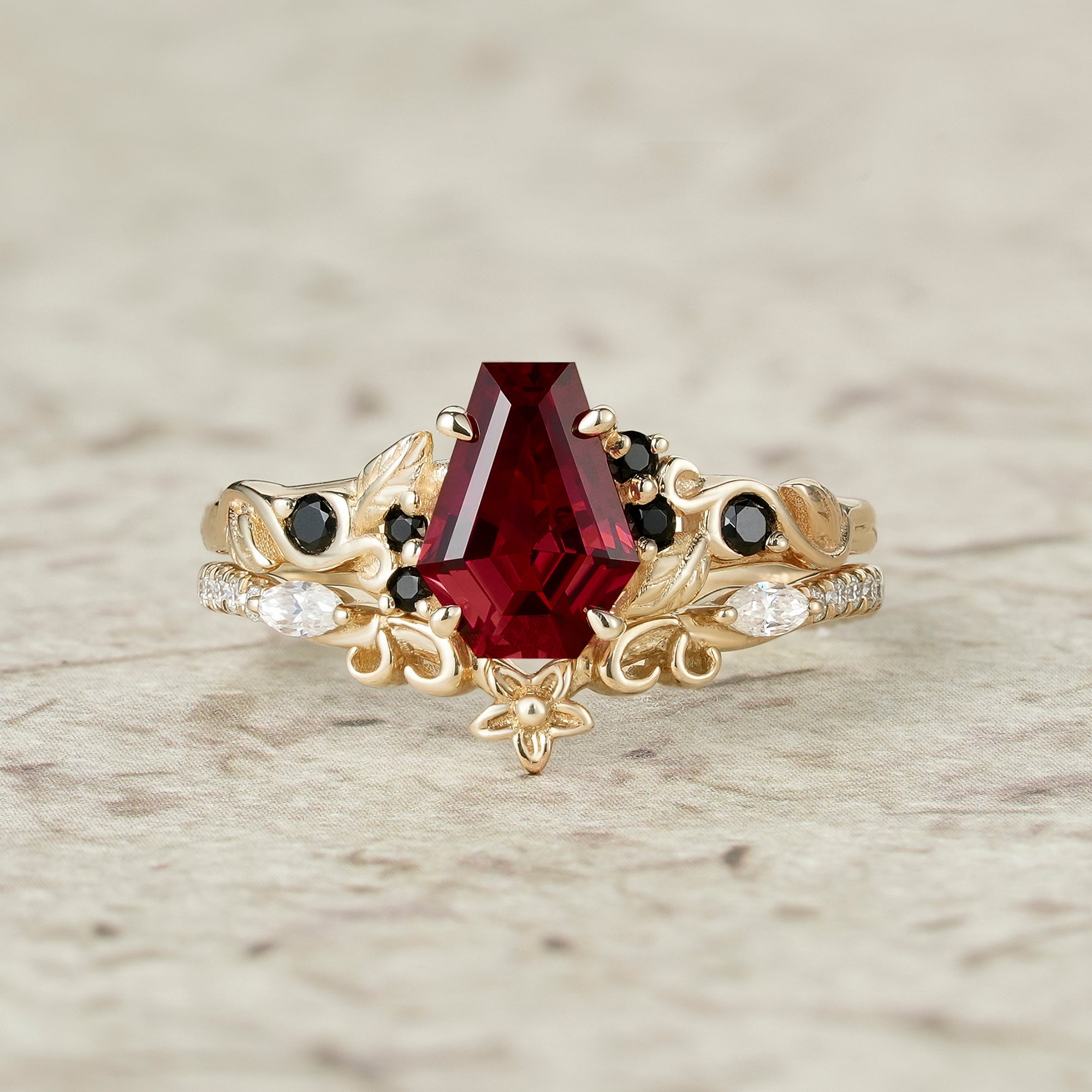 Nature's Embrace: Coffin Cut Ruby Leaf Ring Set - Lila - GemsMagic