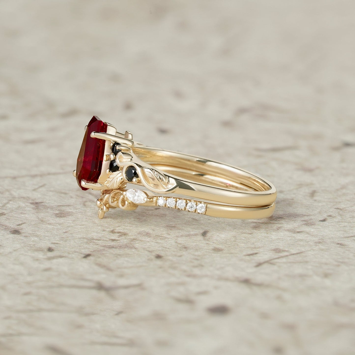 Nature's Embrace: Coffin Cut Ruby Leaf Ring Set - Lila - GemsMagic