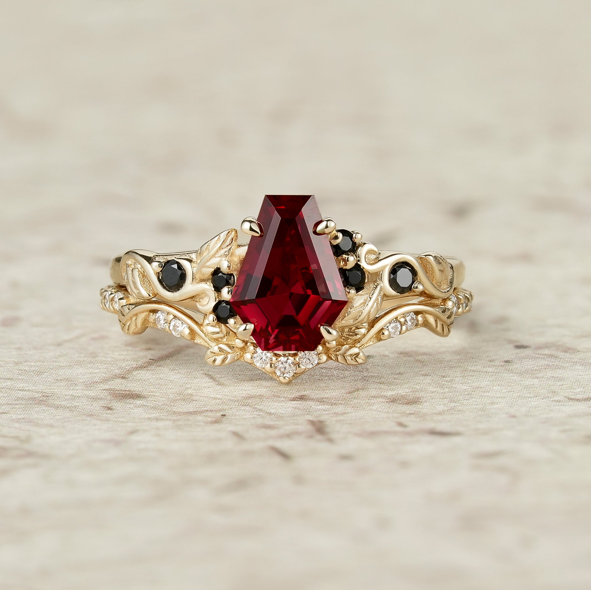 Nature's Embrace: Coffin Cut Ruby Leaf Ring Set - Penelope - GemsMagic