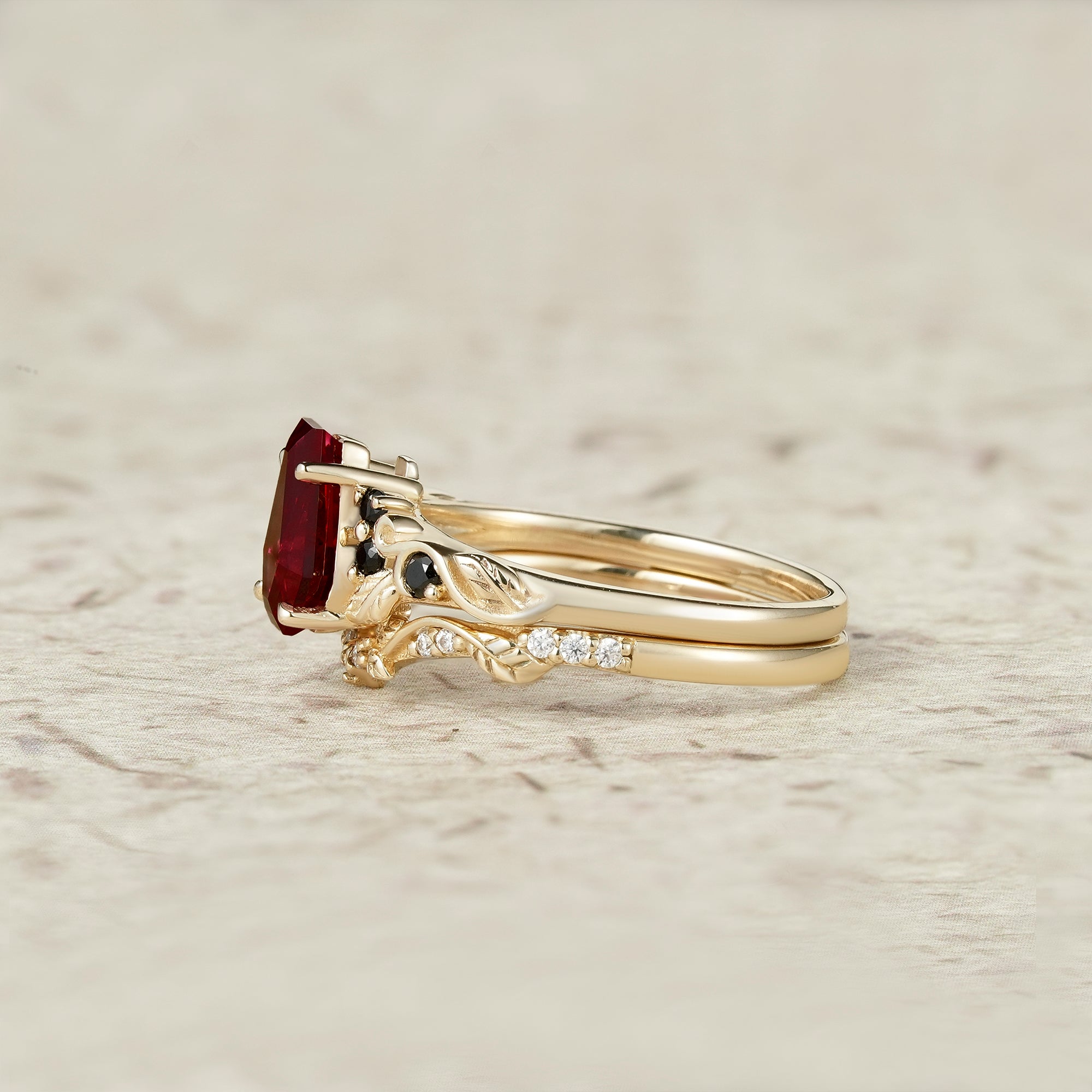 Nature's Embrace: Coffin Cut Ruby Leaf Ring Set - Penelope - GemsMagic