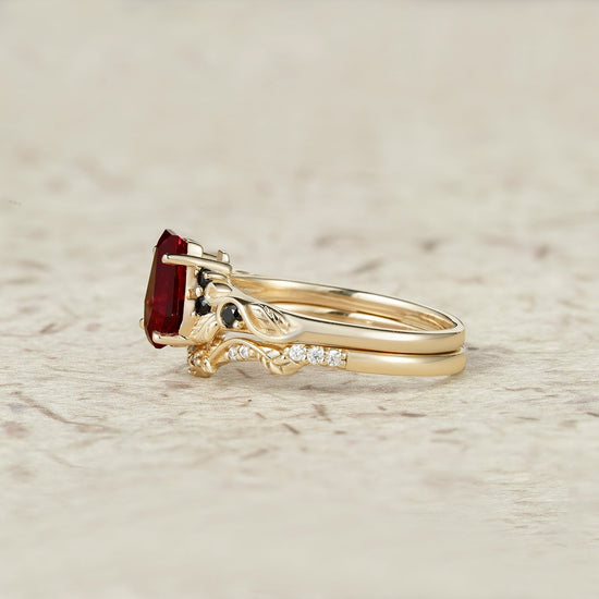 Nature's Embrace: Coffin Cut Ruby Leaf Ring Set - Penelope - GemsMagic