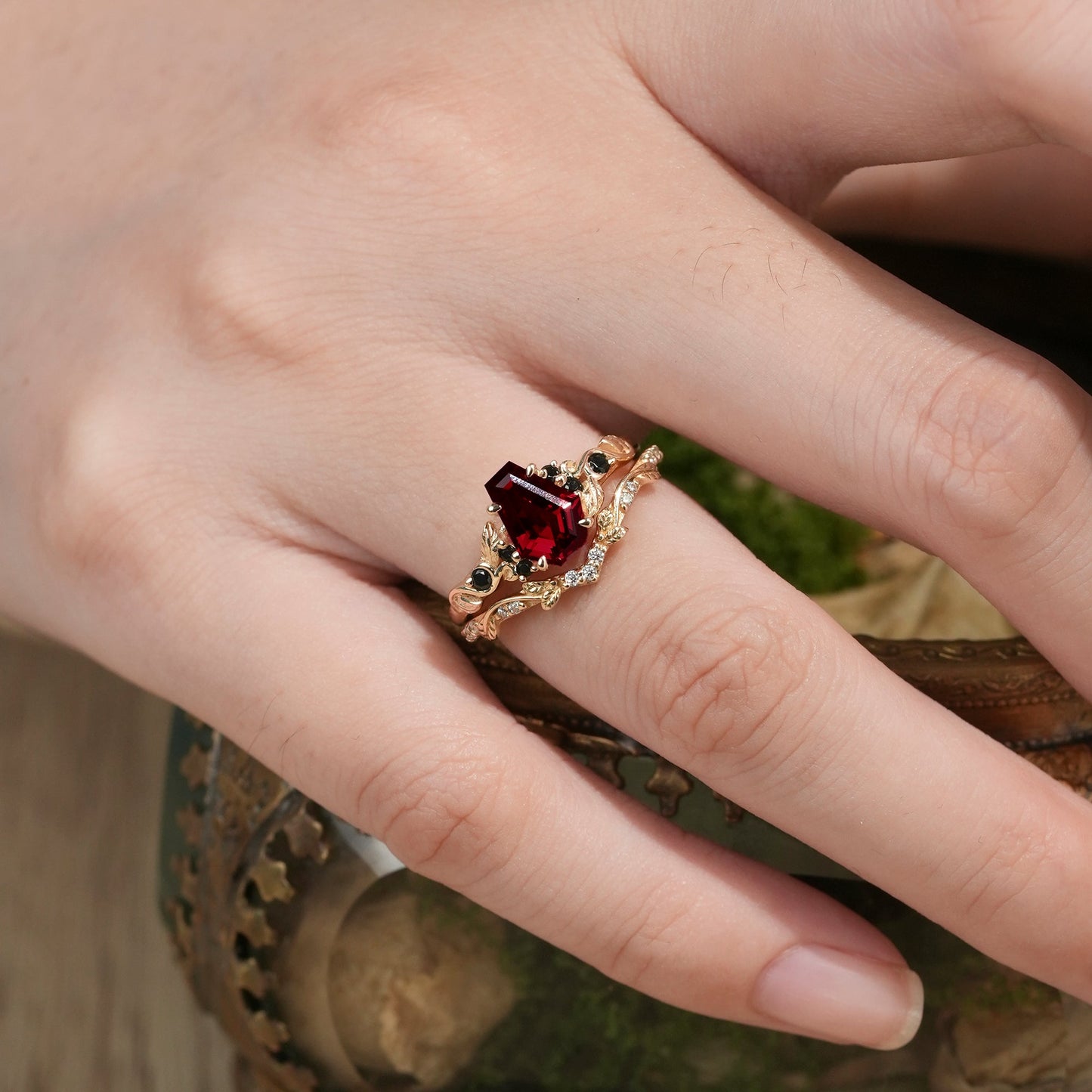 Nature's Embrace: Coffin Cut Ruby Leaf Ring Set - Penelope - GemsMagic