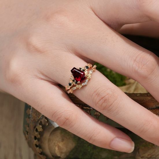 Nature's Embrace: Coffin Cut Ruby Leaf Ring Set - Penelope - GemsMagic