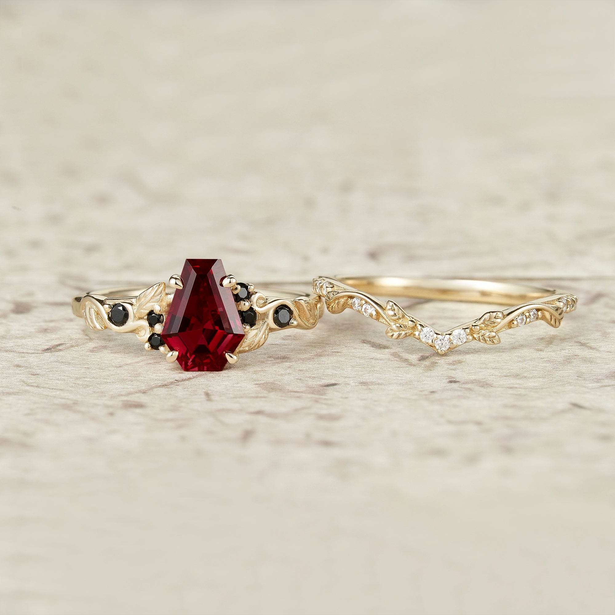 Nature's Embrace: Coffin Cut Ruby Leaf Ring Set - Penelope - GemsMagic