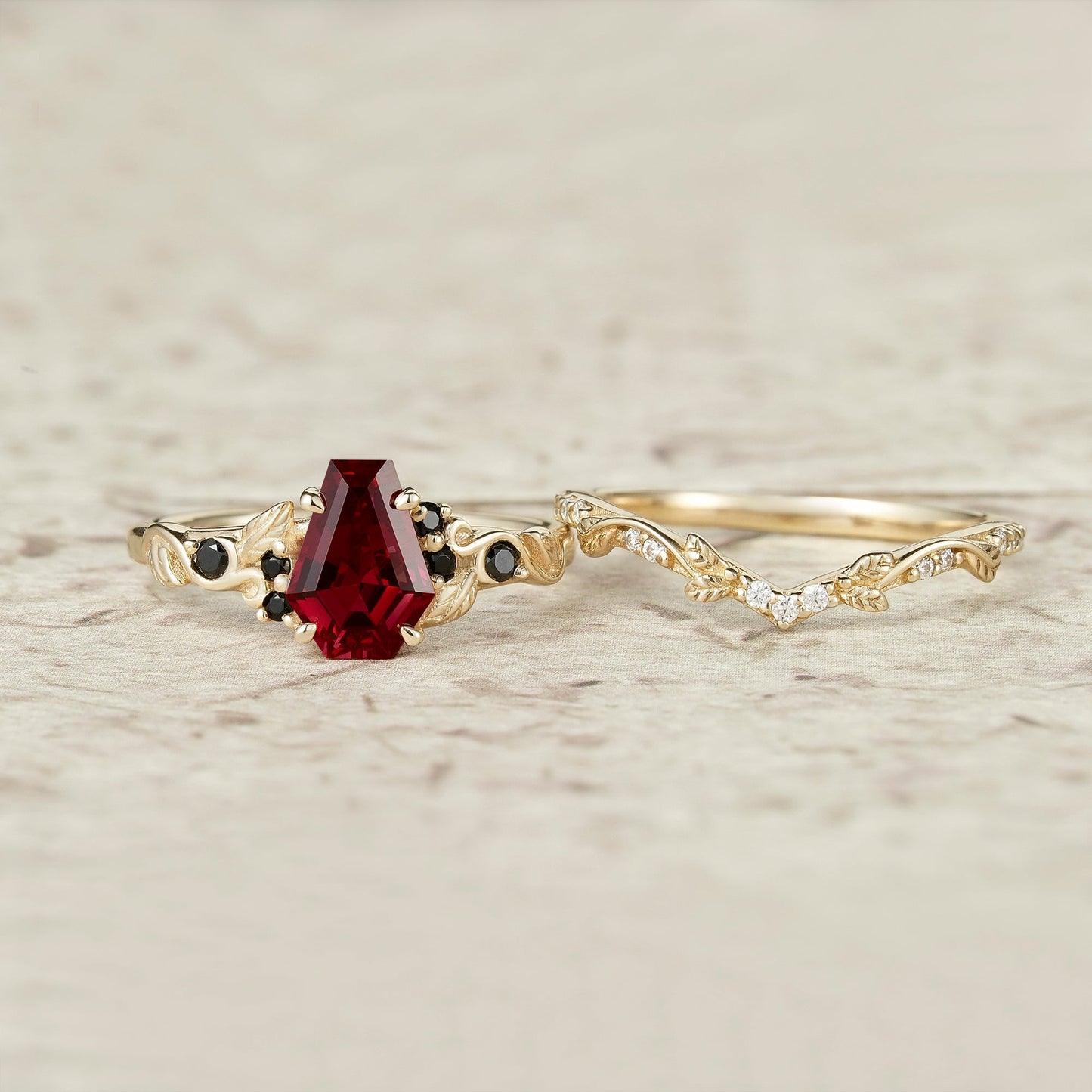 Nature's Embrace: Coffin Cut Ruby Leaf Ring Set - Penelope - GemsMagic