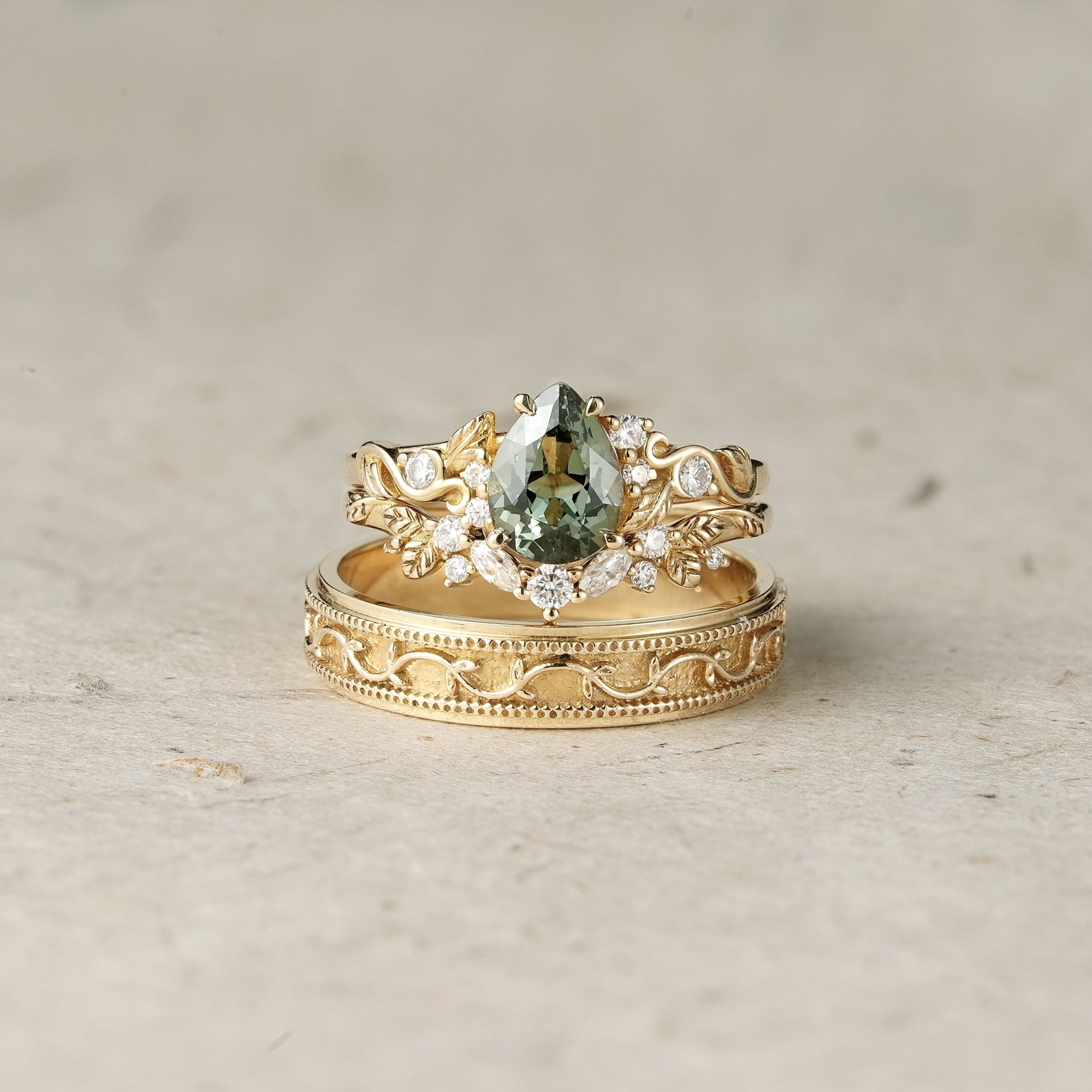 Nature's Embrace: Green Sapphire Leaf Couple Rings - Forever United - GemsMagic