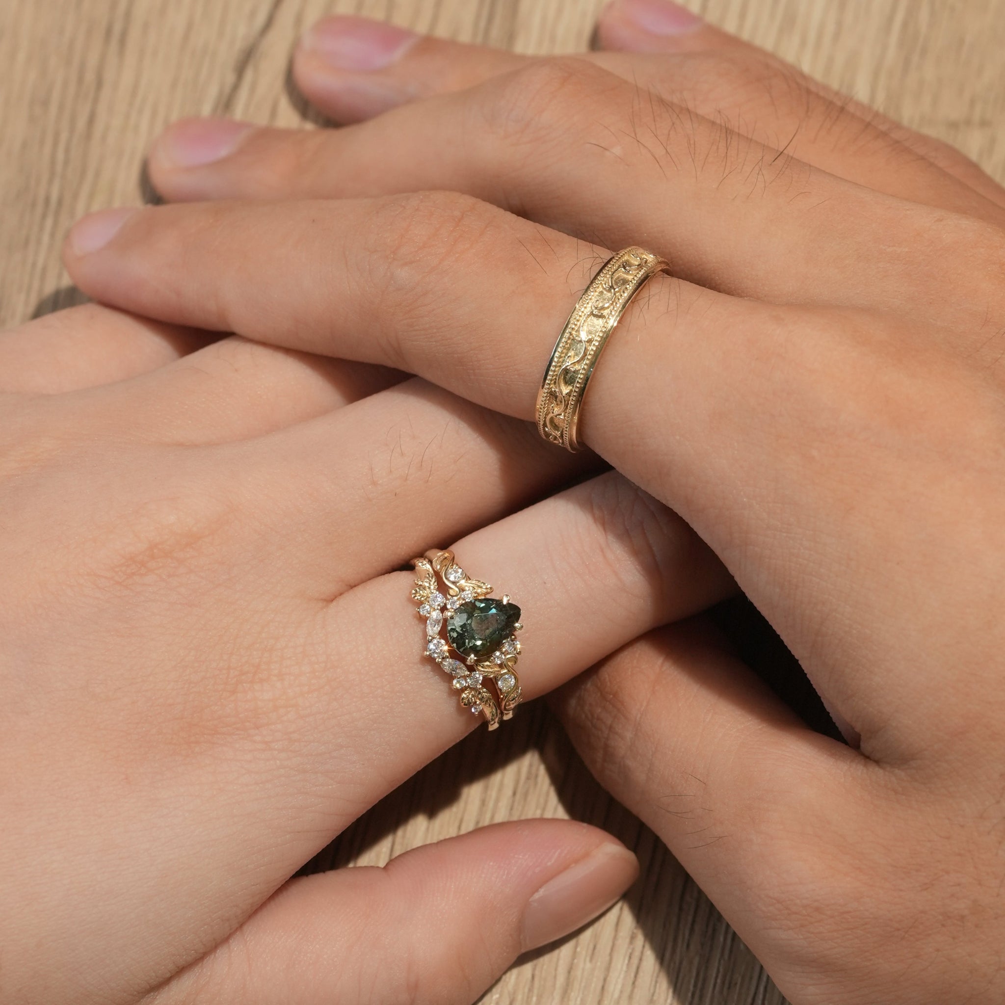 Nature's Embrace: Green Sapphire Leaf Couple Rings - Forever United - GemsMagic