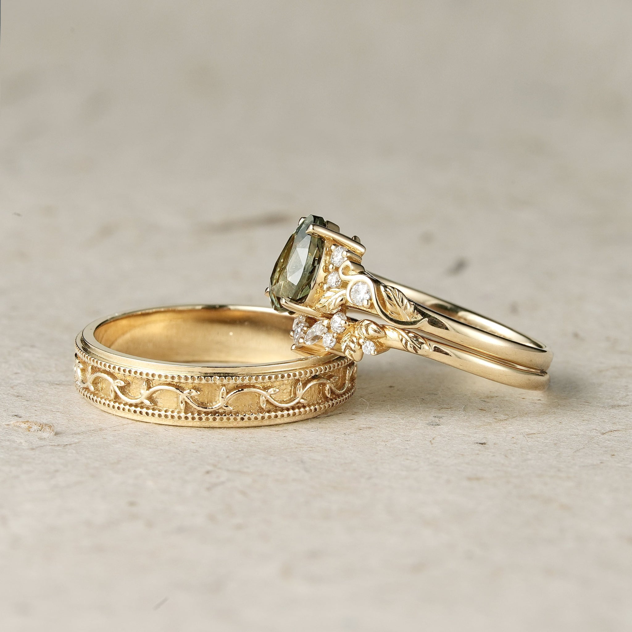 Nature's Embrace: Green Sapphire Leaf Couple Rings - Forever United - GemsMagic