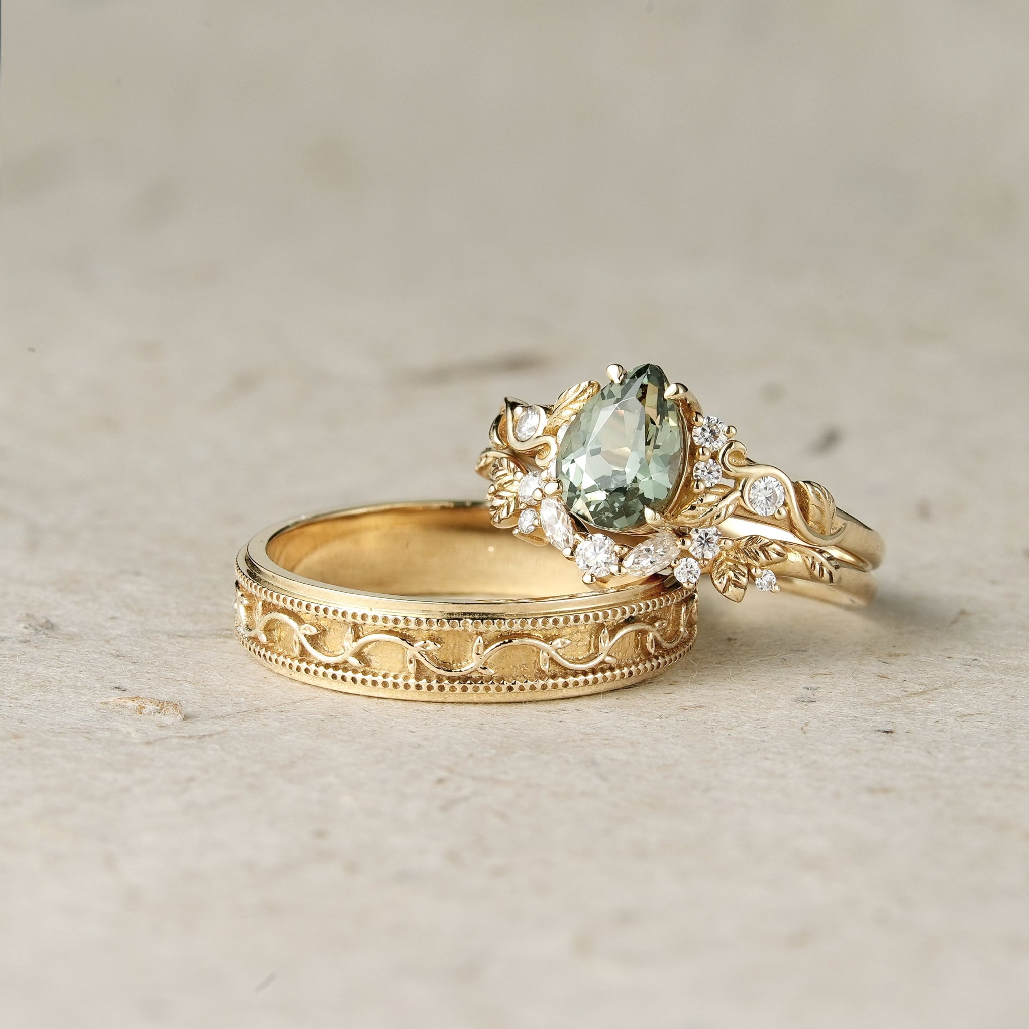 Nature's Embrace: Green Sapphire Leaf Couple Rings - Forever United - GemsMagic