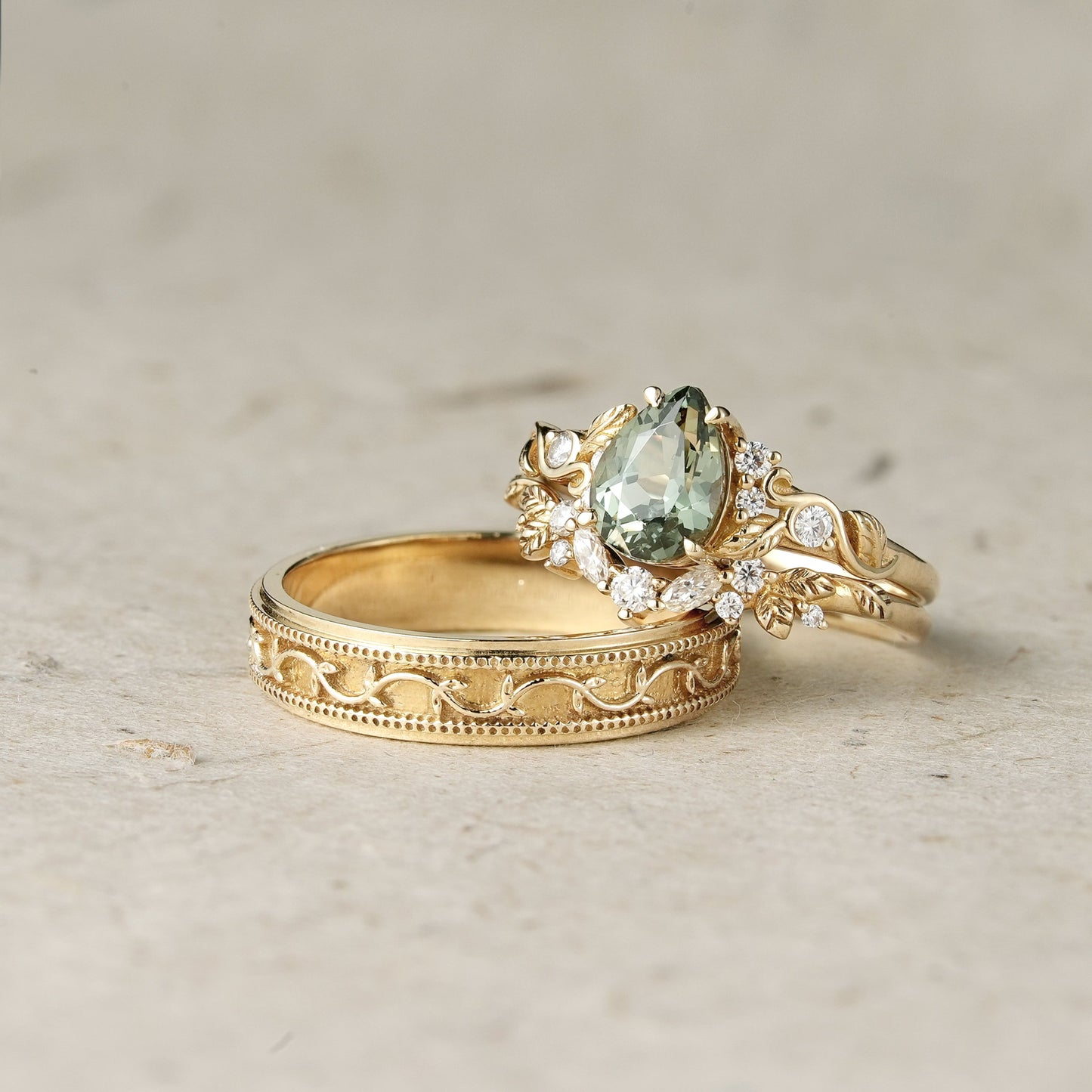 Nature's Embrace: Green Sapphire Leaf Couple Rings - Forever United - GemsMagic