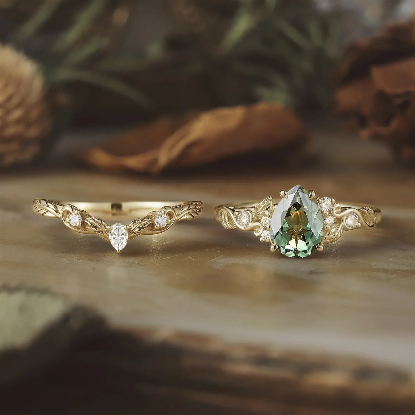 Nature's Embrace: Green Sapphire Leaf Ring Set - Felicity - GemsMagic
