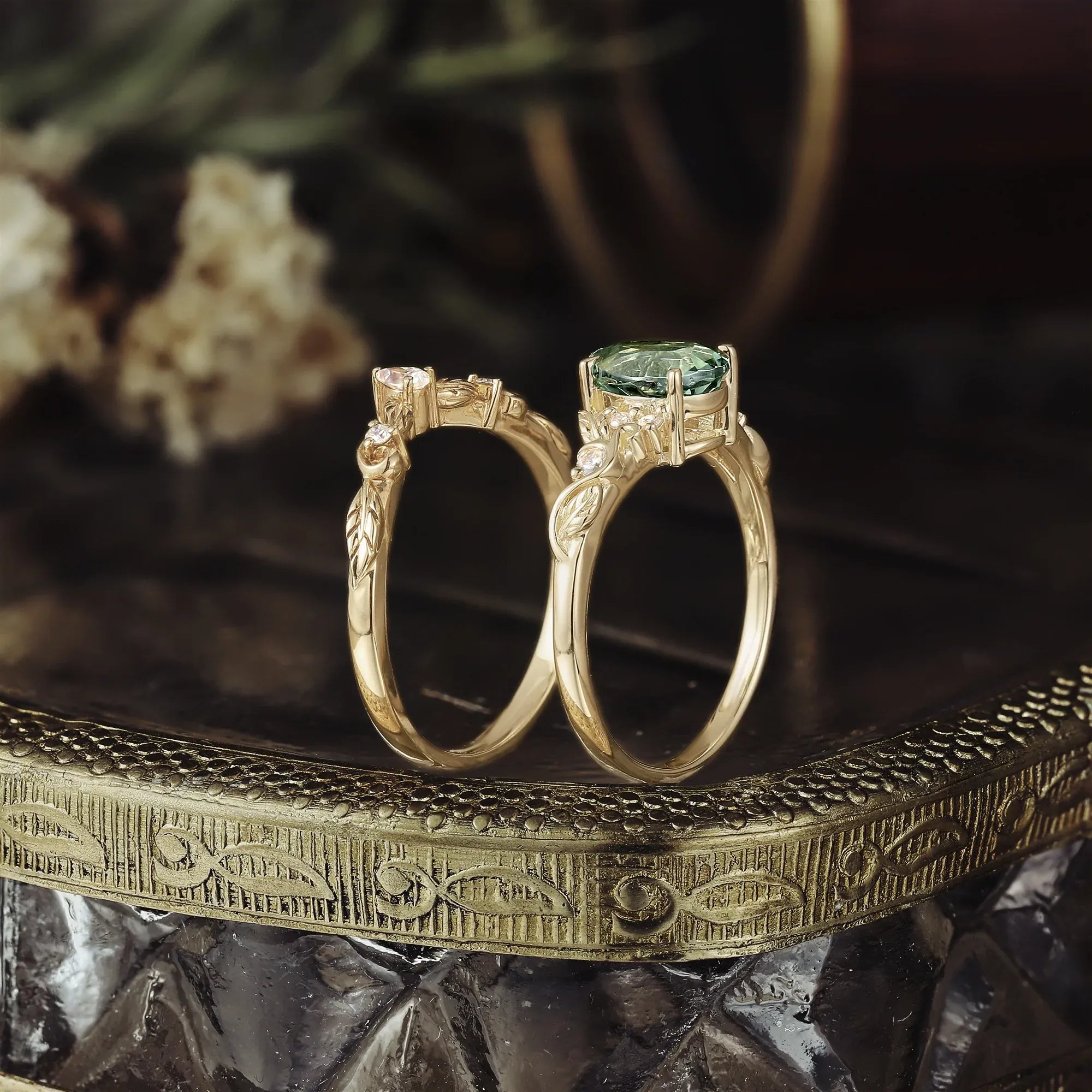 Nature's Embrace: Green Sapphire Leaf Ring Set - Felicity - GemsMagic