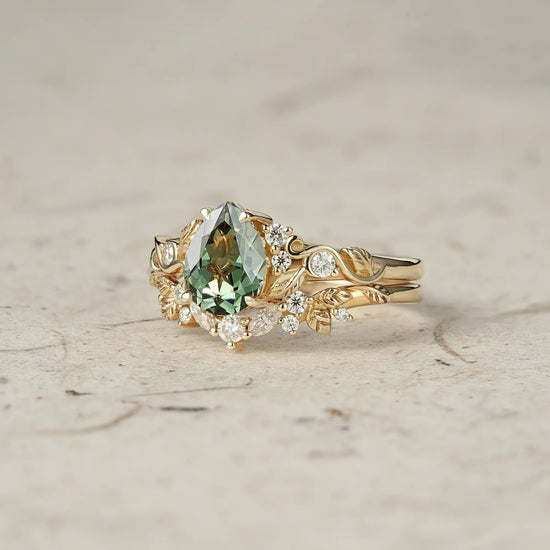 Nature's Embrace: Green Sapphire Leaf Ring Set - Rejina - GemsMagic