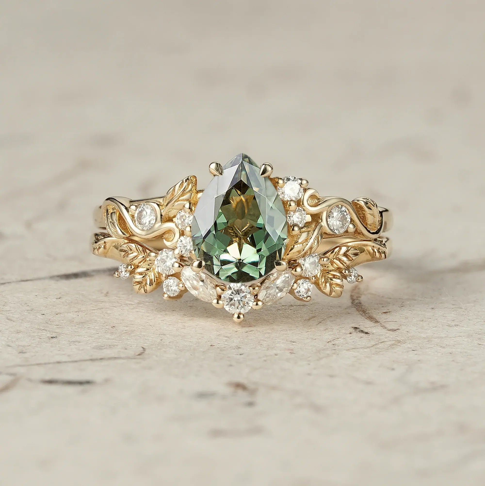 Nature's Embrace: Green Sapphire Leaf Ring Set - Rejina - GemsMagic