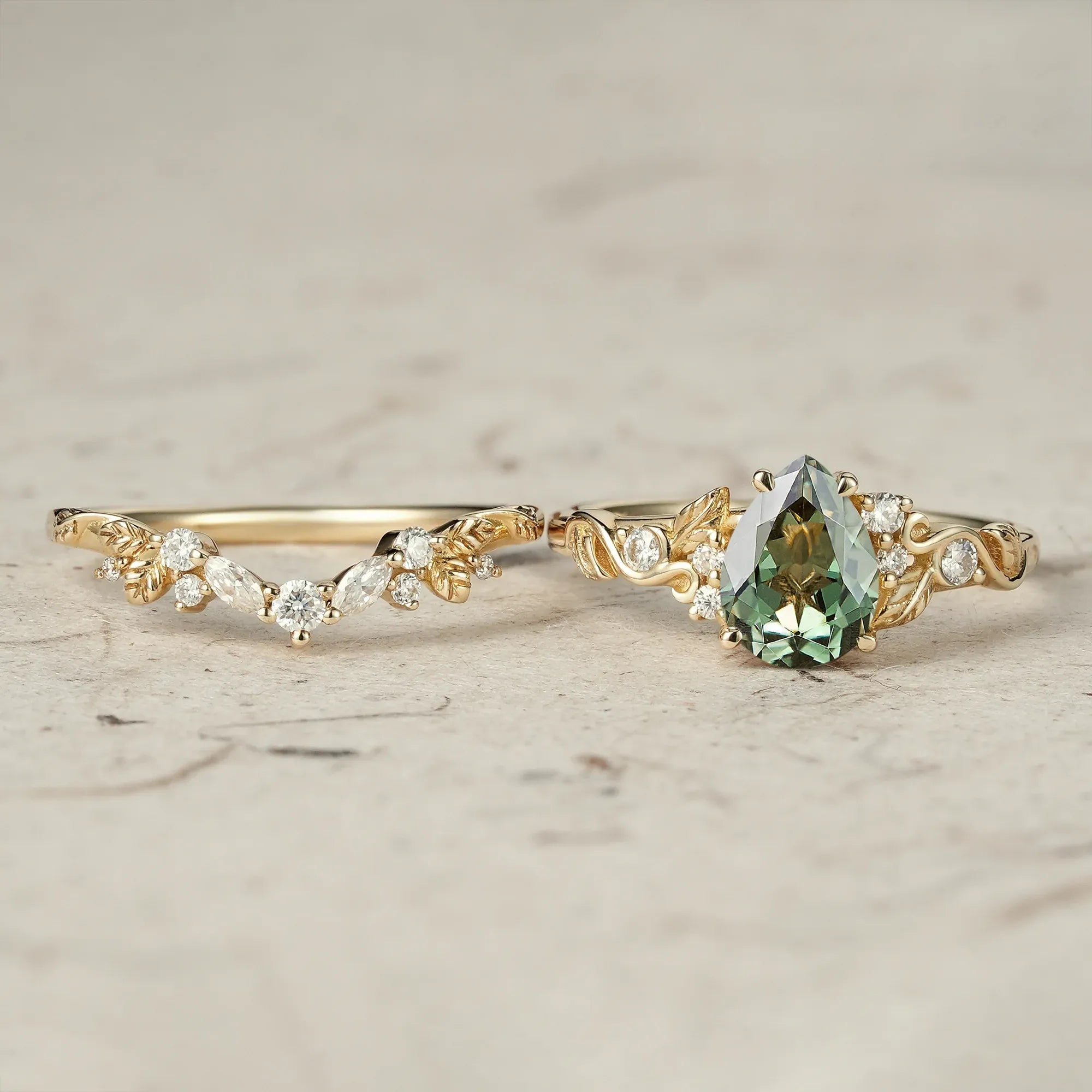 Nature's Embrace: Green Sapphire Leaf Ring Set - Rejina - GemsMagic