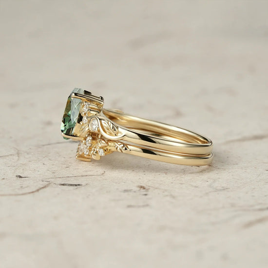 Nature's Embrace: Green Sapphire Leaf Ring Set - Rejina - GemsMagic