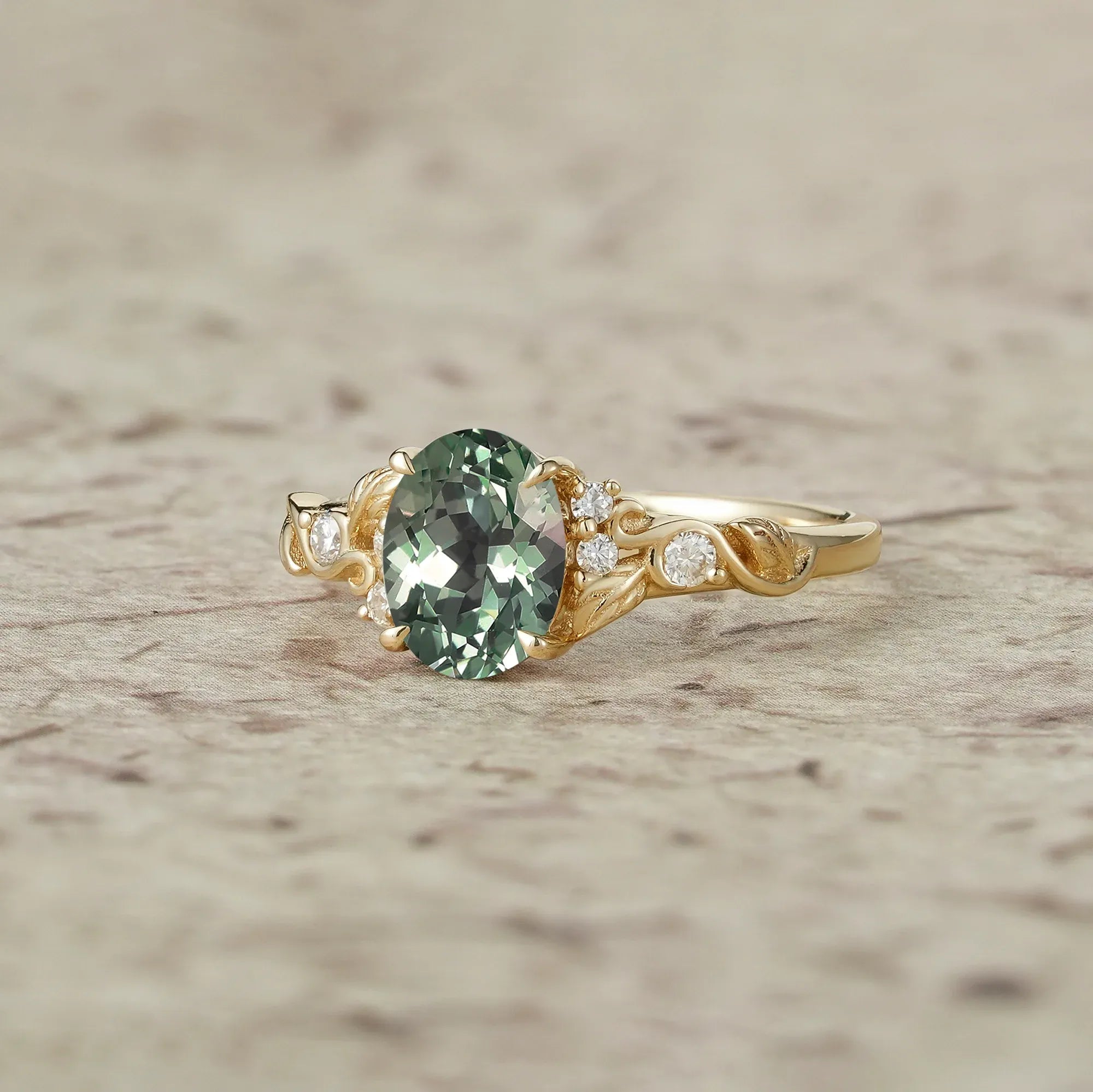 Nature's Embrace: Oval Cut Green Sapphire Leaf Ring - Lila - GemsMagic