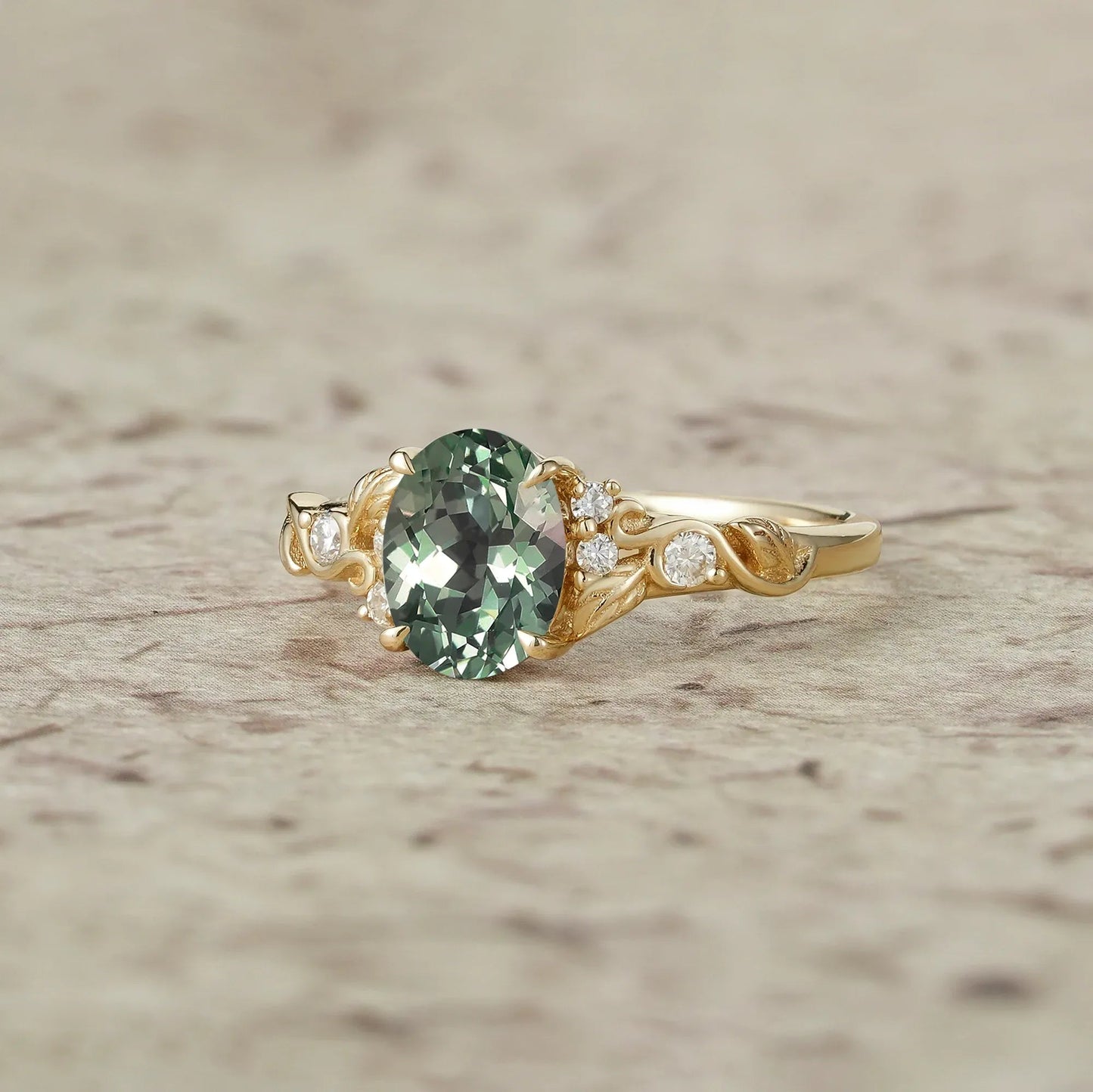 Nature's Embrace: Oval Cut Green Sapphire Leaf Ring - Lila - GemsMagic