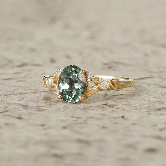 Nature's Embrace: Oval Cut Green Sapphire Leaf Ring - Lila - GemsMagic