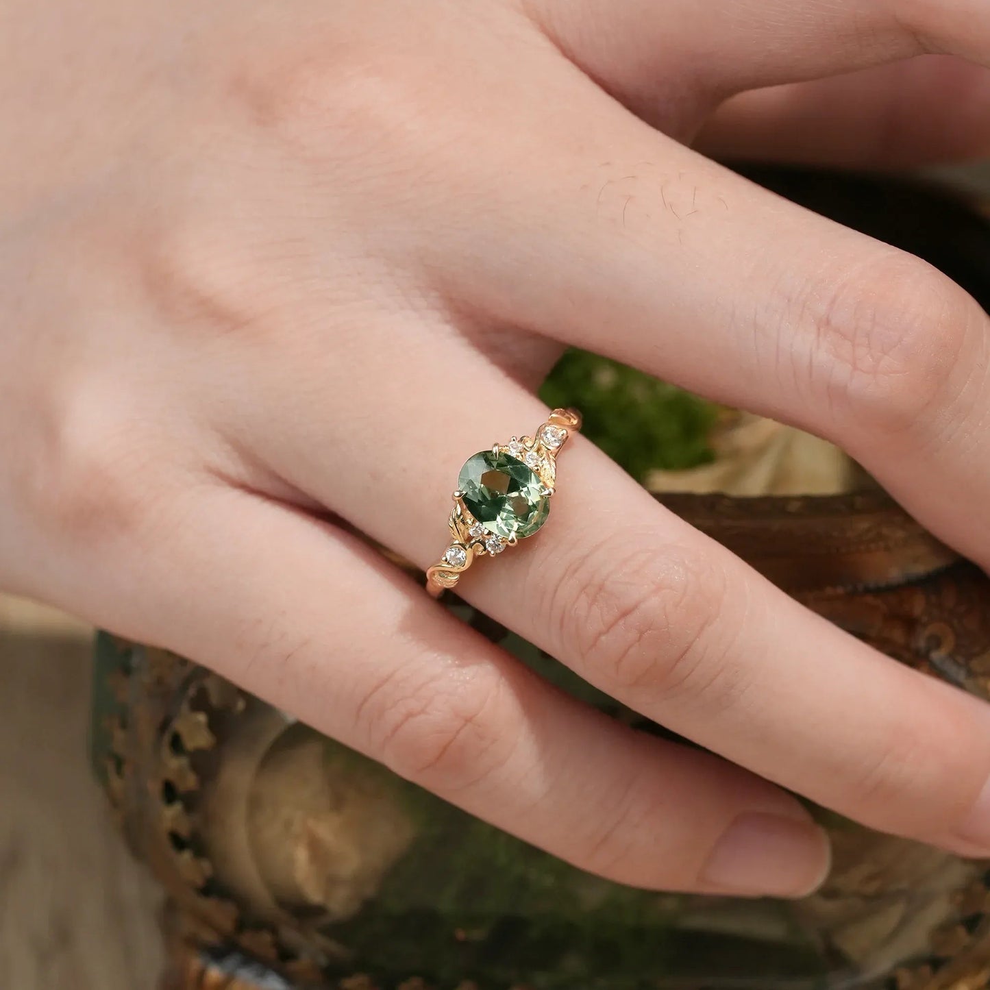 Nature's Embrace: Oval Cut Green Sapphire Leaf Ring - Lila - GemsMagic