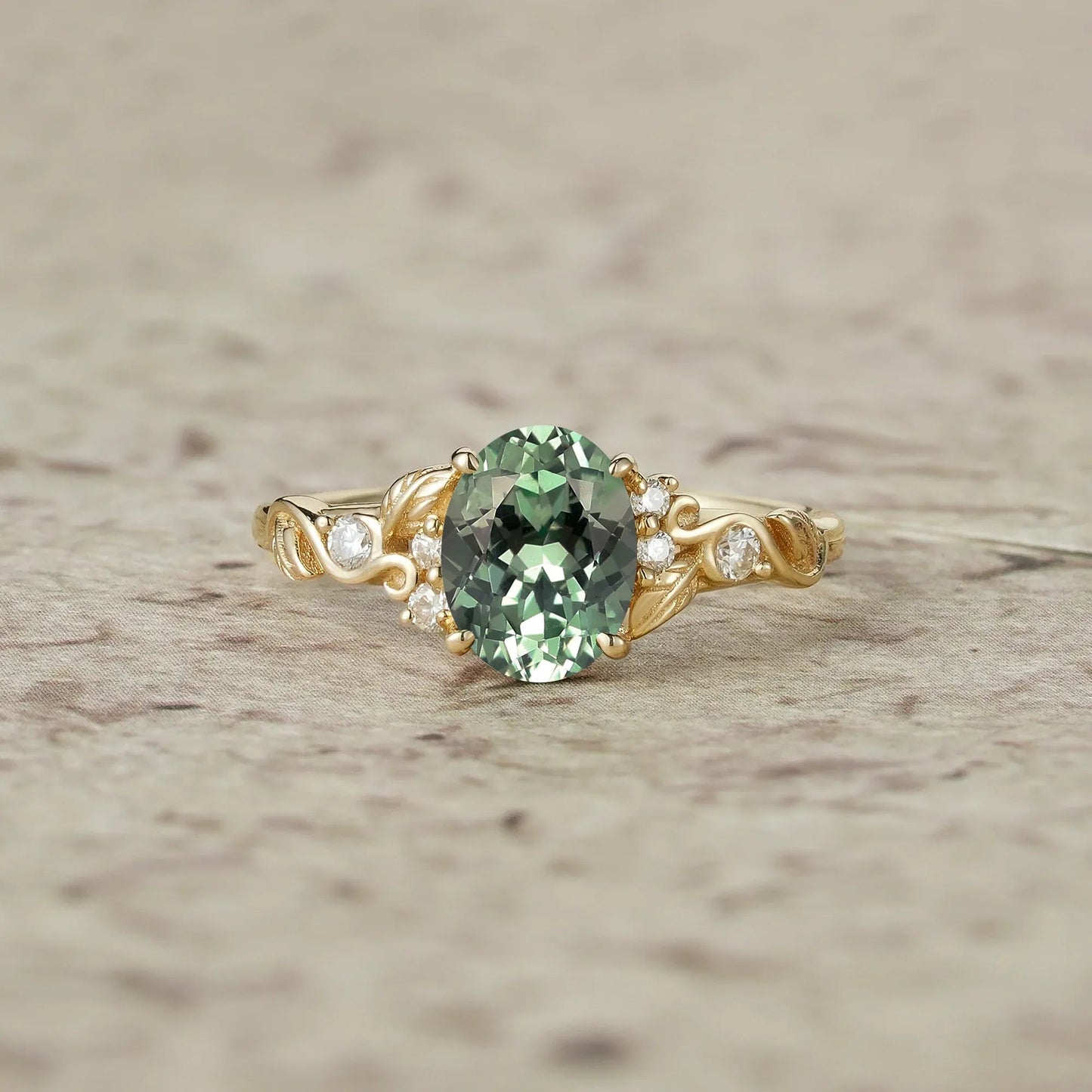 Nature's Embrace: Oval Cut Green Sapphire Leaf Ring - Lila - GemsMagic