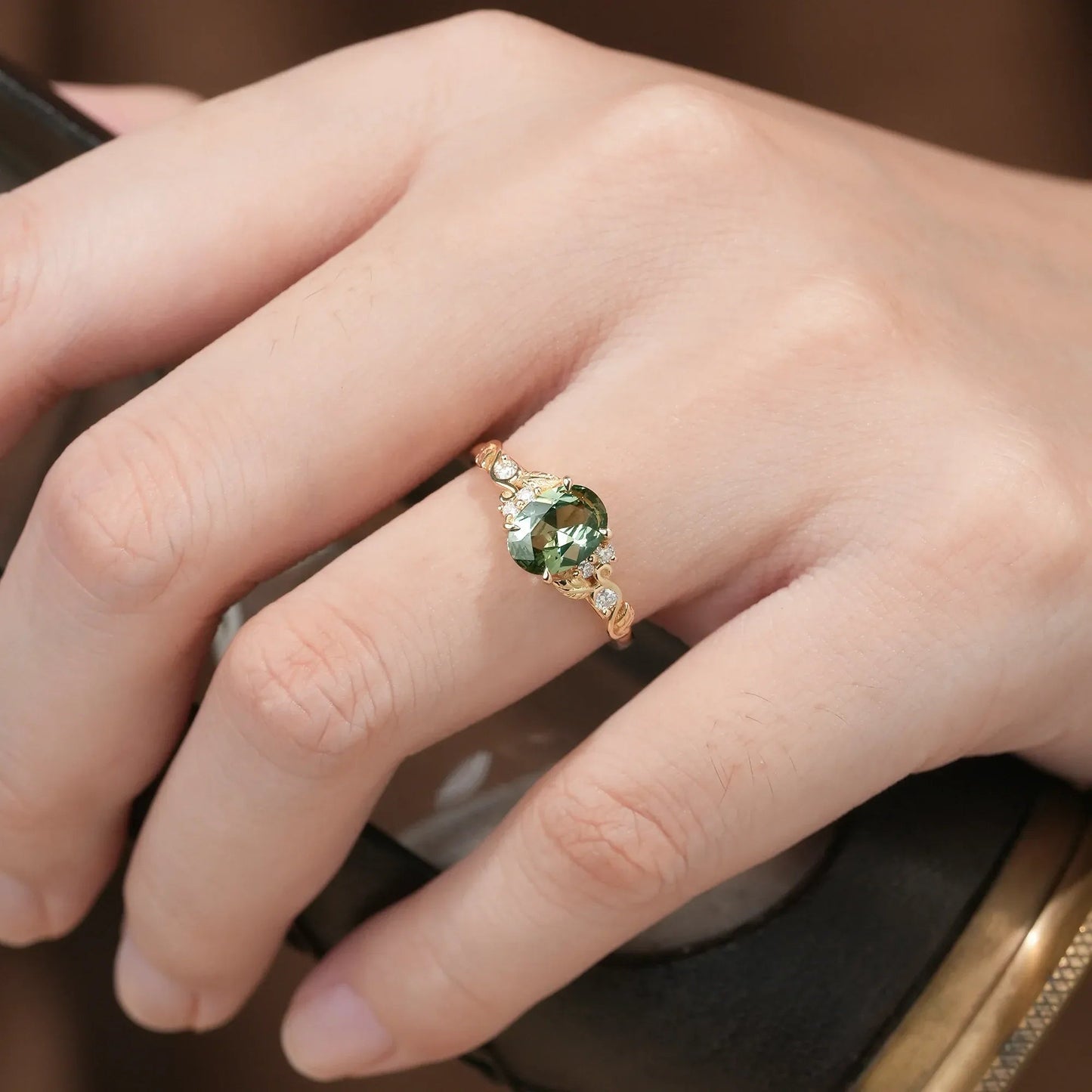 Nature's Embrace: Oval Cut Green Sapphire Leaf Ring - Lila - GemsMagic