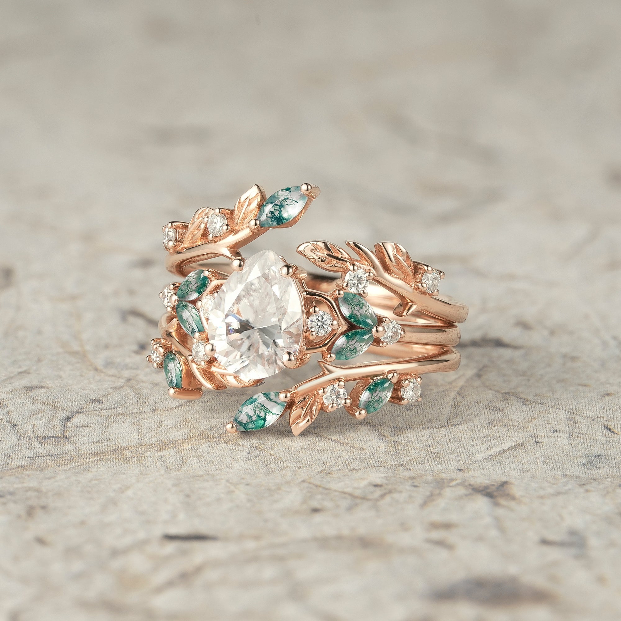 Nesting Design Moissanite & Moss Agate Ring Set 2pcs - Vespera - GemsMagic