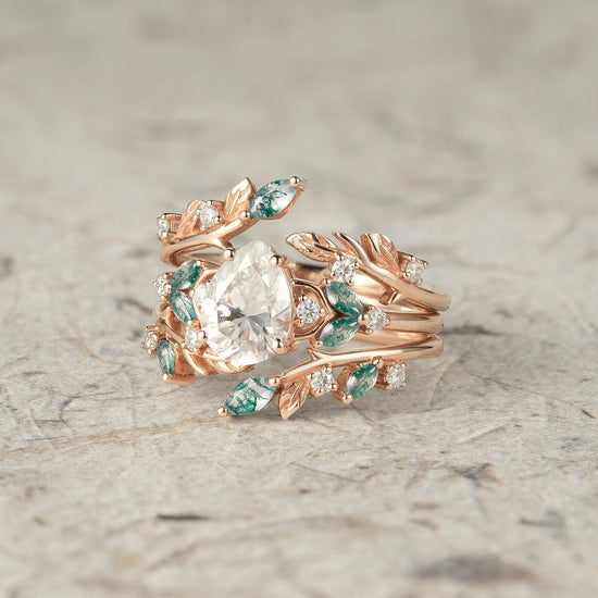 Nesting Design Moissanite & Moss Agate Ring Set 2pcs - Vespera - GemsMagic