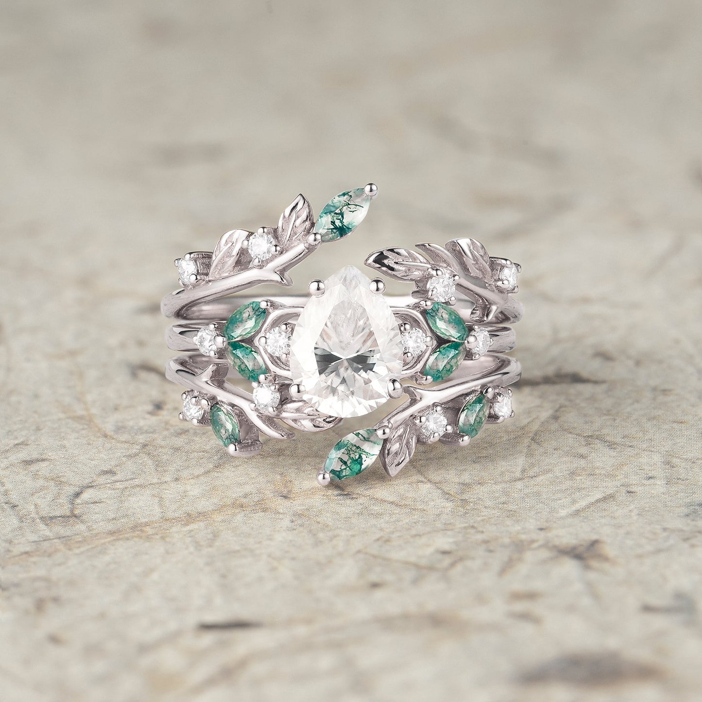 Nesting Design Moissanite & Moss Agate Ring Set 2pcs - Vespera - GemsMagic