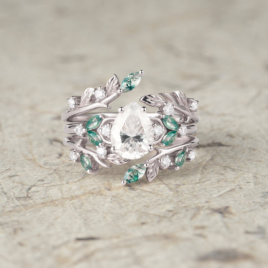 Nesting Design Moissanite & Moss Agate Ring Set 2pcs - Vespera - GemsMagic