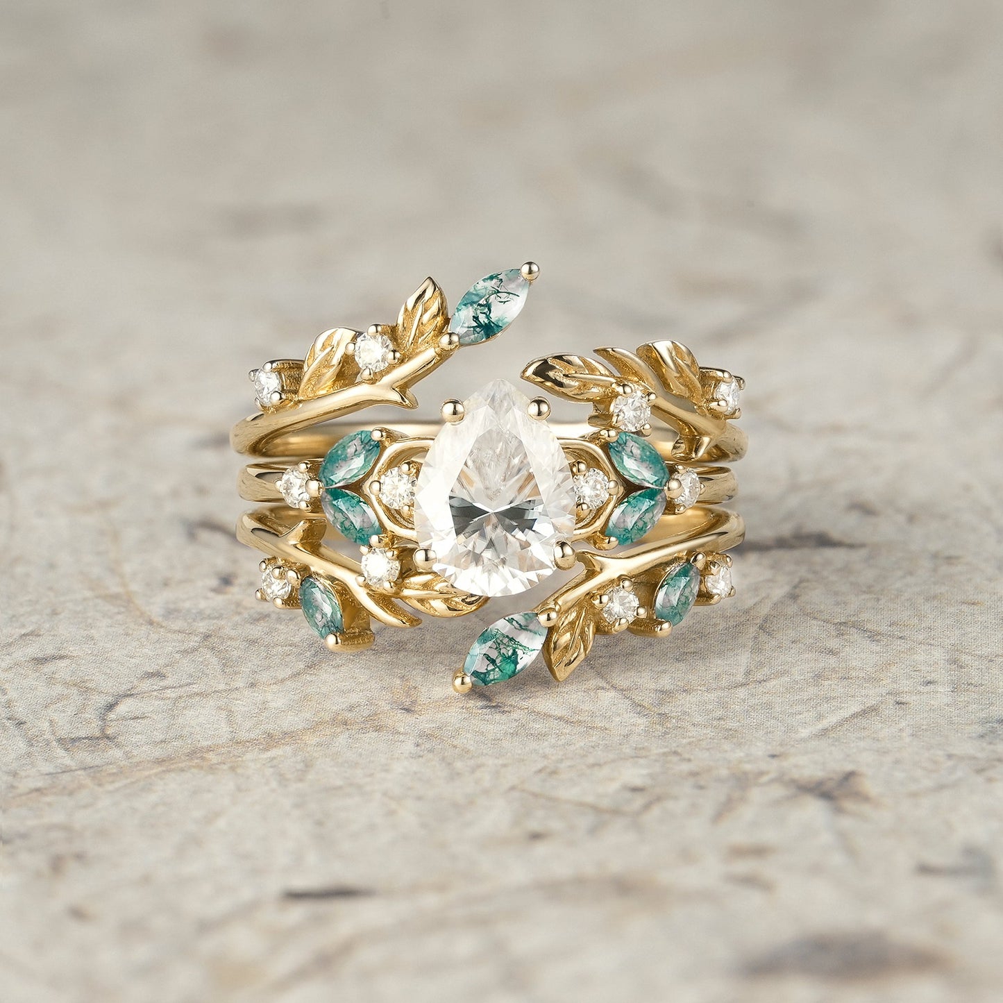 Nesting Design Moissanite & Moss Agate Ring Set 2pcs - Vespera - GemsMagic