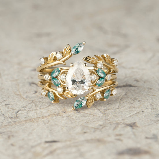 Nesting Design Moissanite & Moss Agate Ring Set 2pcs - Vespera - GemsMagic