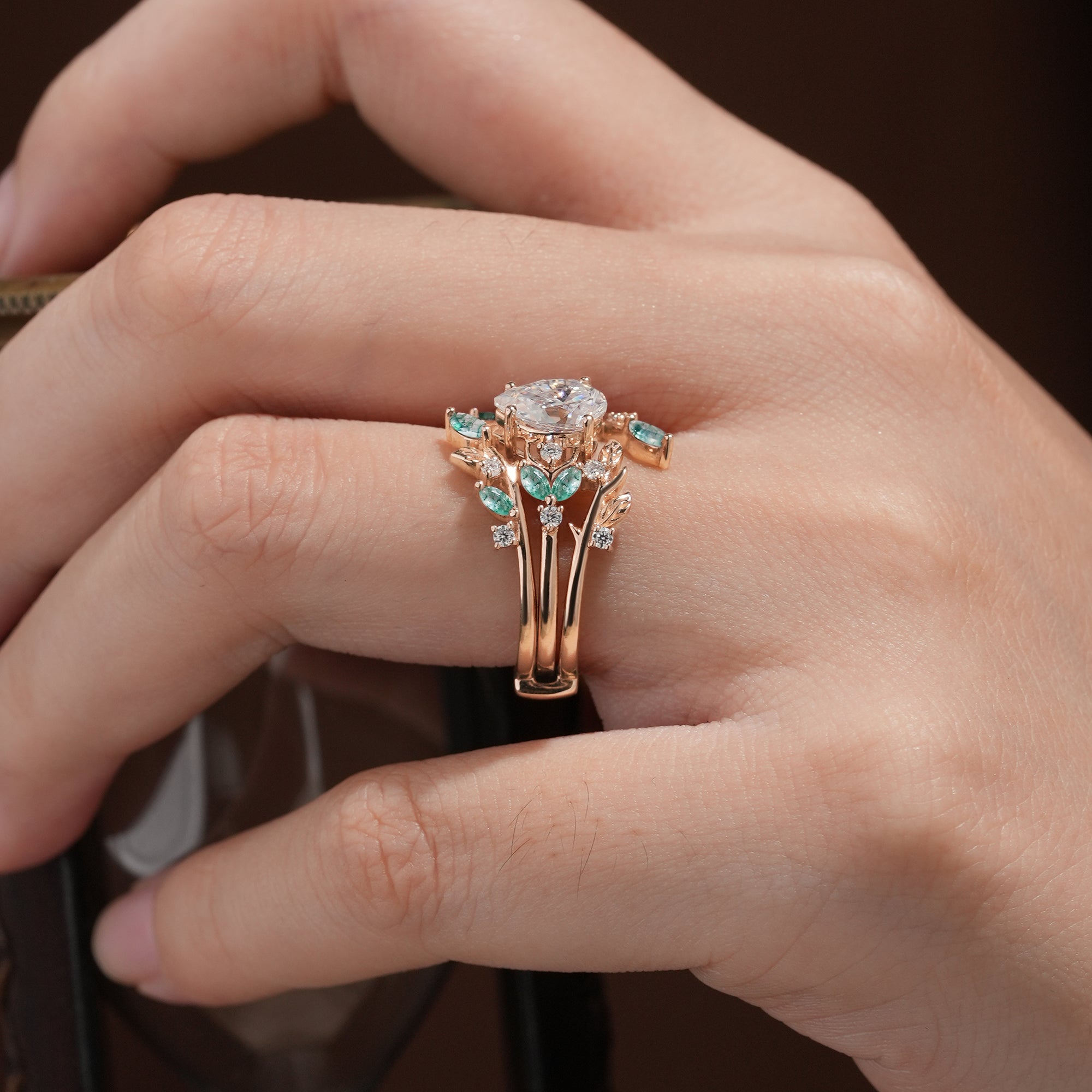 Nesting Design Moissanite & Moss Agate Ring Set 2pcs - Vespera - GemsMagic