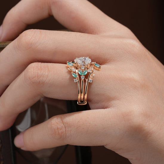 Nesting Design Moissanite & Moss Agate Ring Set 2pcs - Vespera - GemsMagic