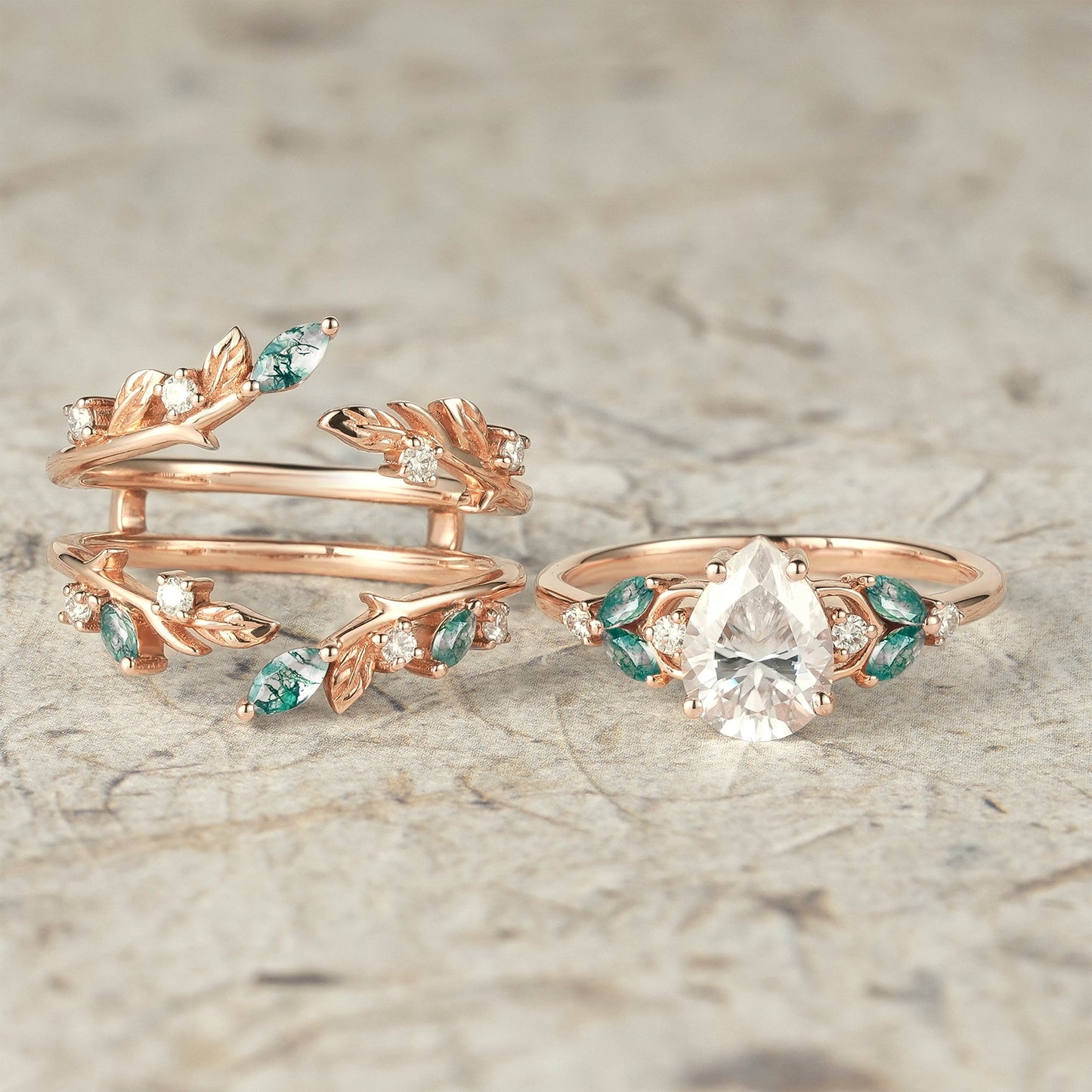 Nesting Design Moissanite & Moss Agate Ring Set 2pcs - Vespera - GemsMagic